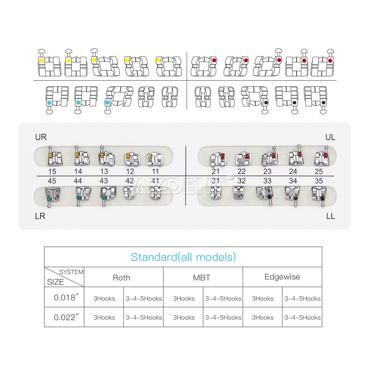 AZDENT Dental Orthodontic Brackets Braces Standard Roth Slot.022 Hooks 345 FDA