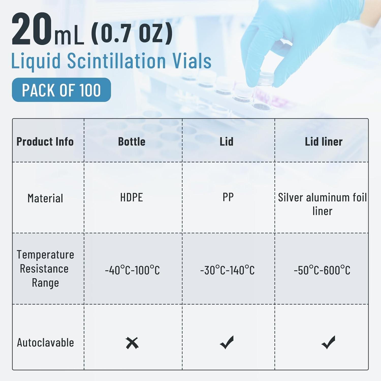 20mL Scintillation Vial 100Pcs HDPE Scintillation Vials w/22-400 White Screw Cap