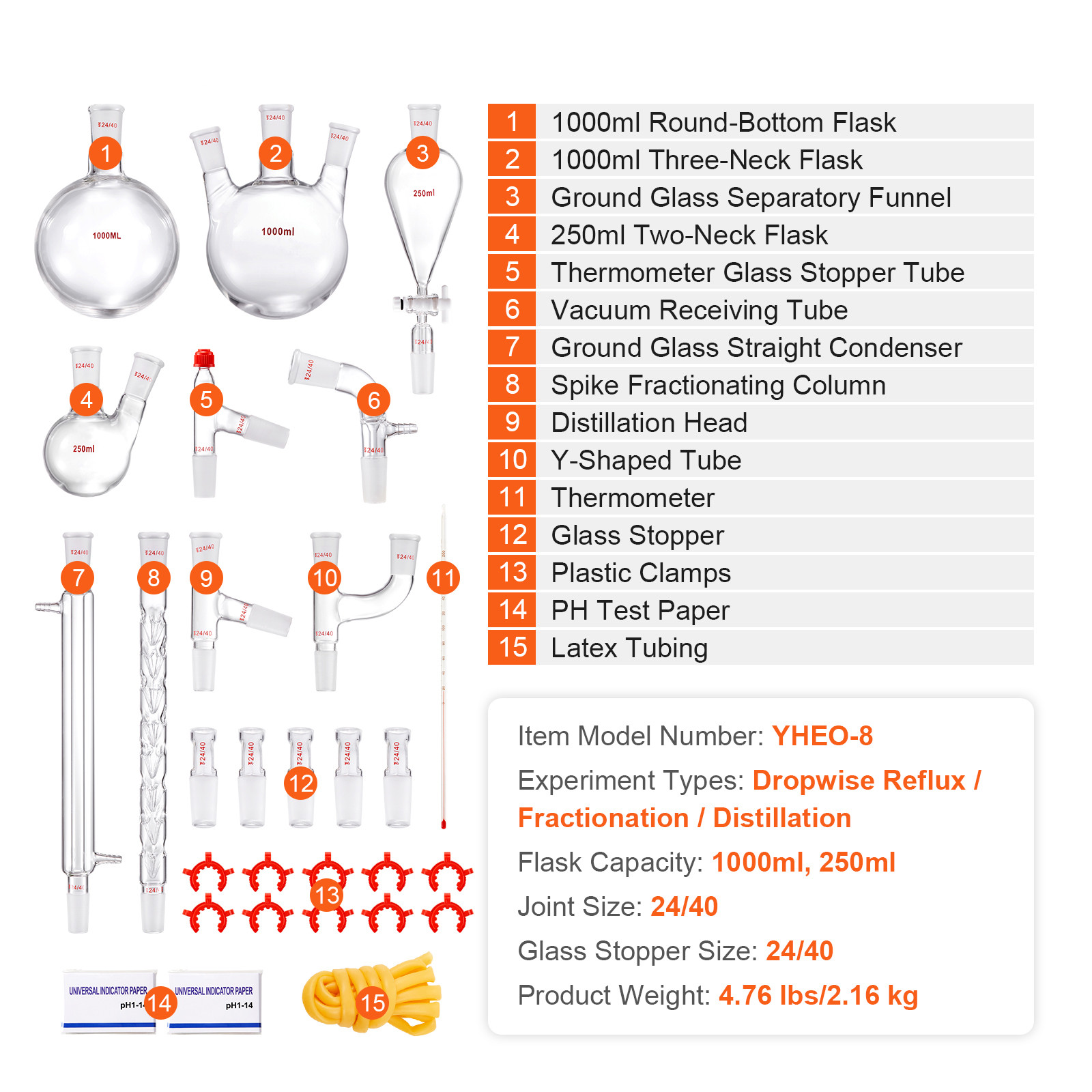 VEVOR Lab Glassware Distillation Kit 1000ml 3.3 Boro 29 pcs Glassware Equipment