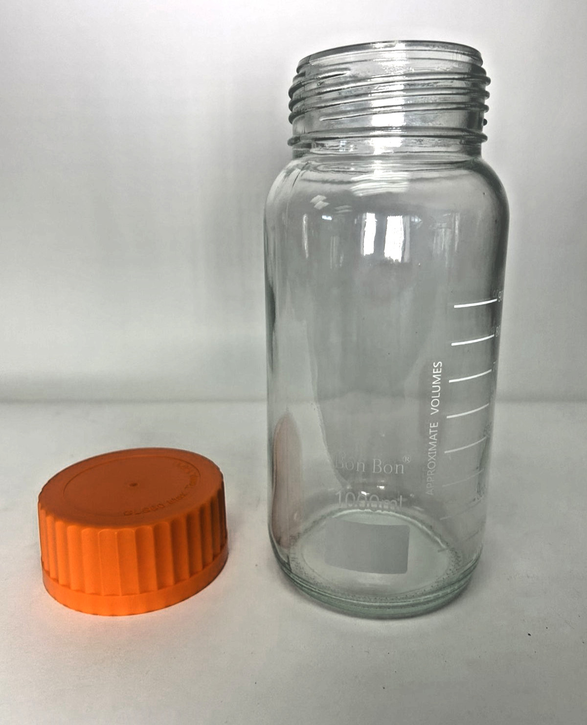Lot of 2 BonBon 1000mL GLS80 Glass Lab Bottles – Wide Mouth – Orange Caps