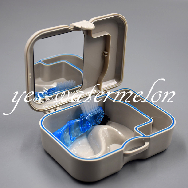 1 Set Dental Denture Storage False Teeth Box Case With Mirror and Clean Brush