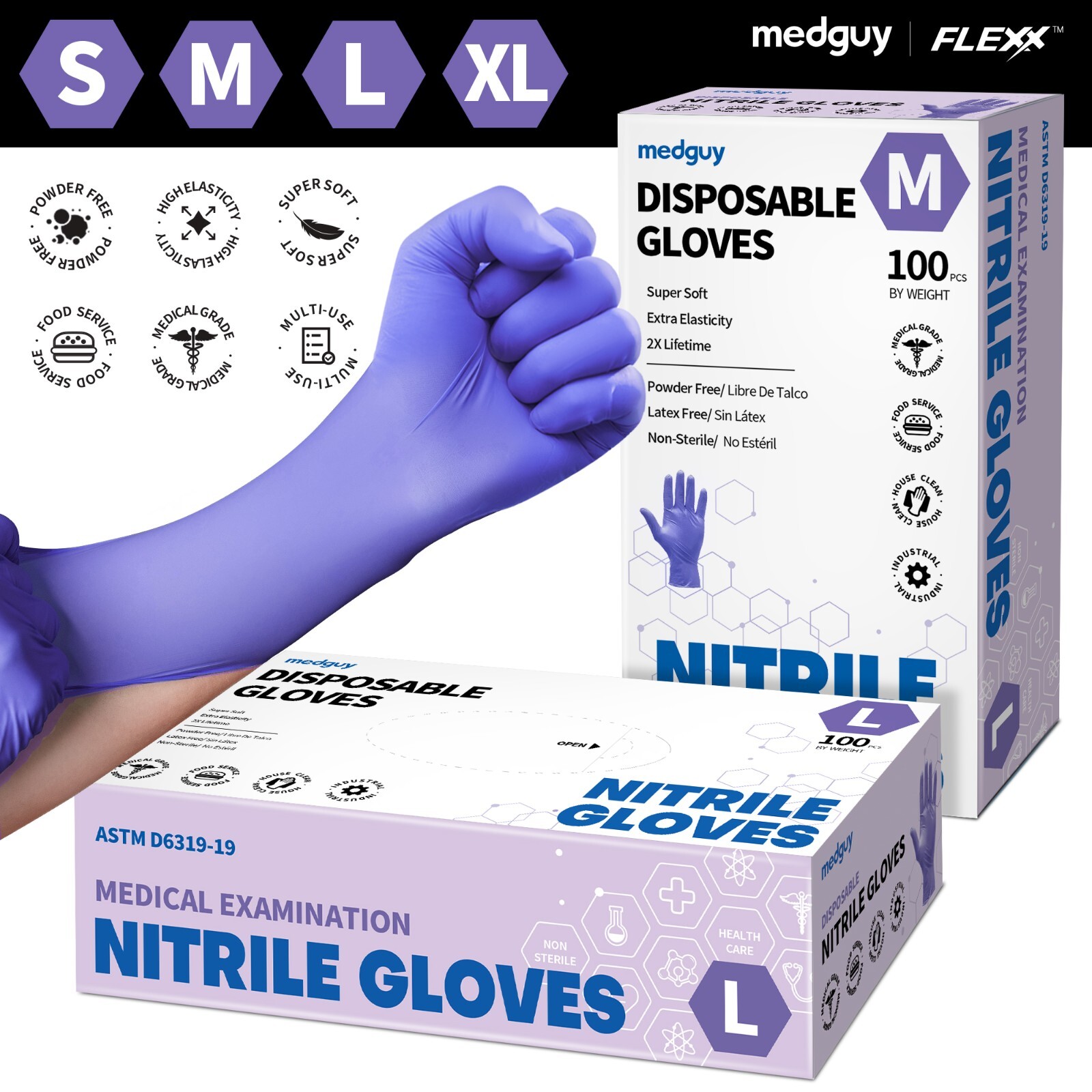 Disposable Nitrile Gloves 100 PCs 4.5mil Purple Powder-Free Food-Safe Exam Glove