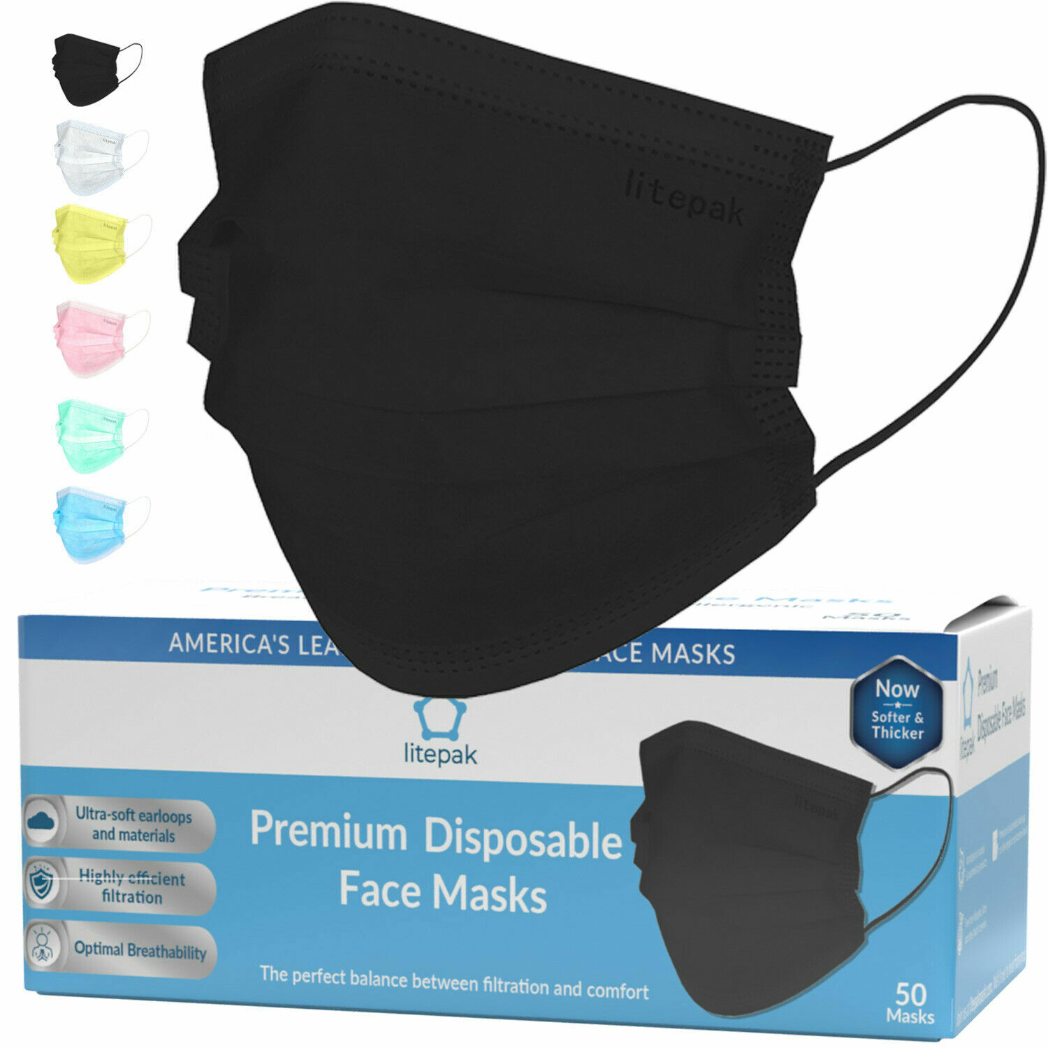 50pcs Litepak Black Disposable Face Mask SOFT 3-Ply Premium Mouth Cover USA