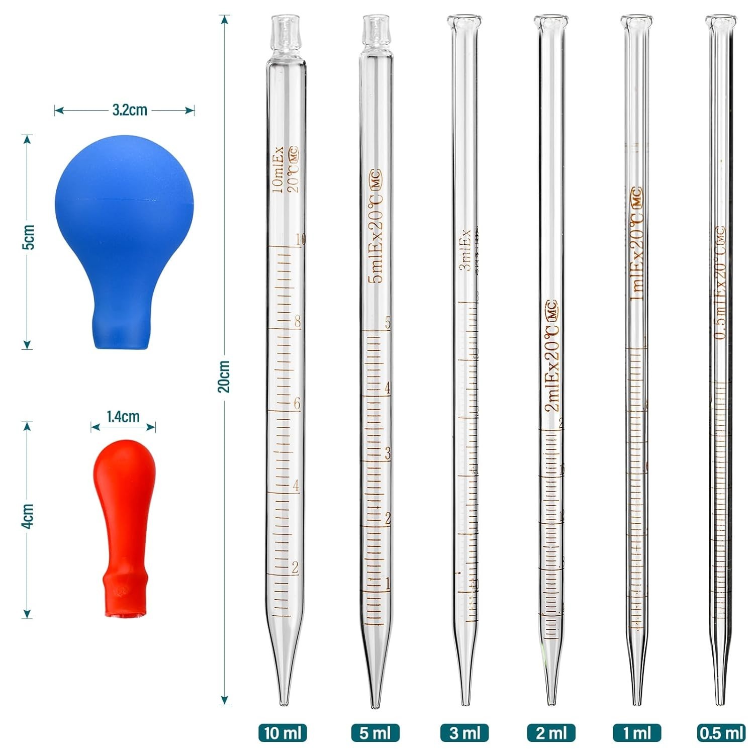 Glass Pipettes Set 6pcs 0.5ml 1ml 2ml 3ml 5ml 10ml for Liquid Transfer Lab Uses