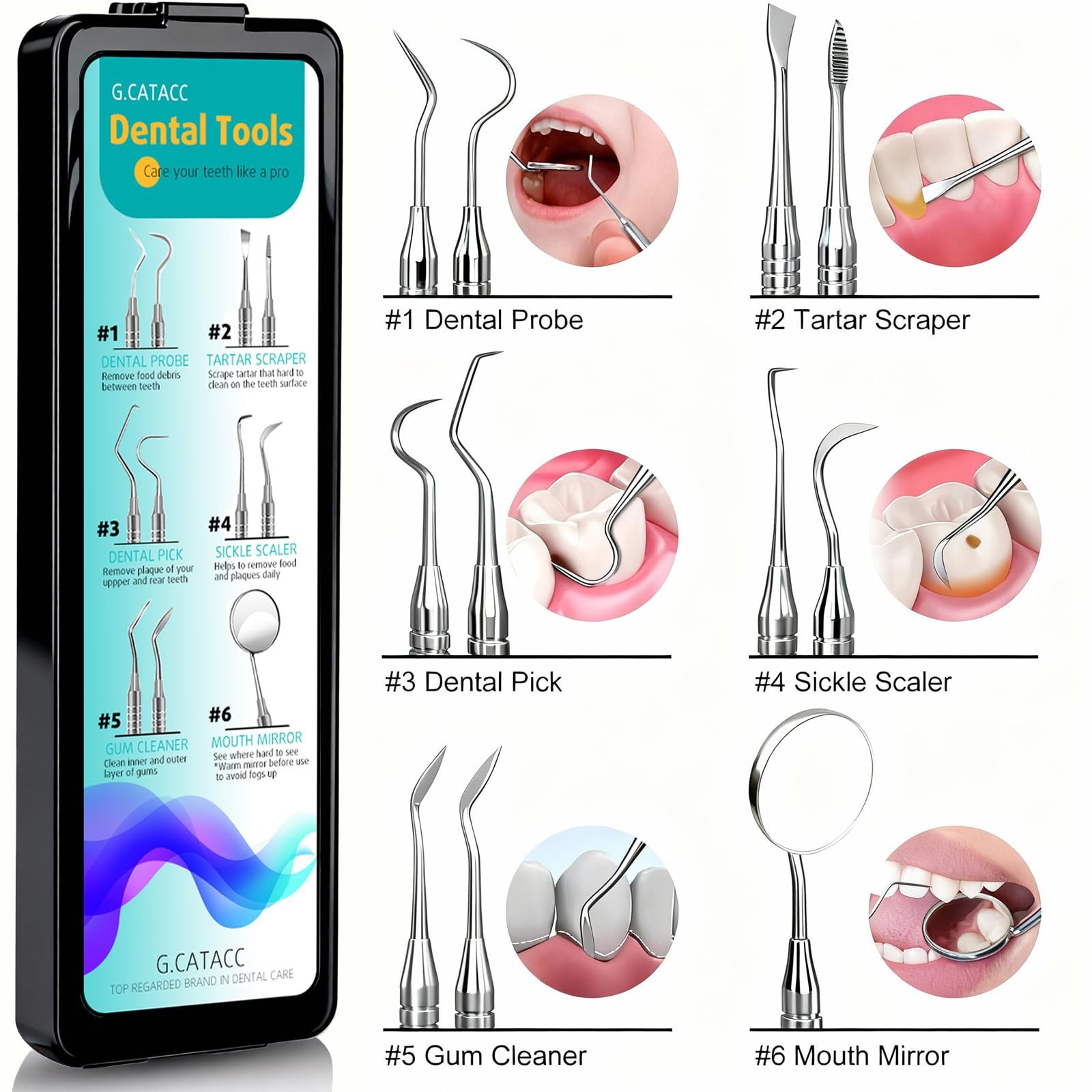 CATACC PRO Dental Tools, 1 Count (Pack of 6), Tools With Case – Black