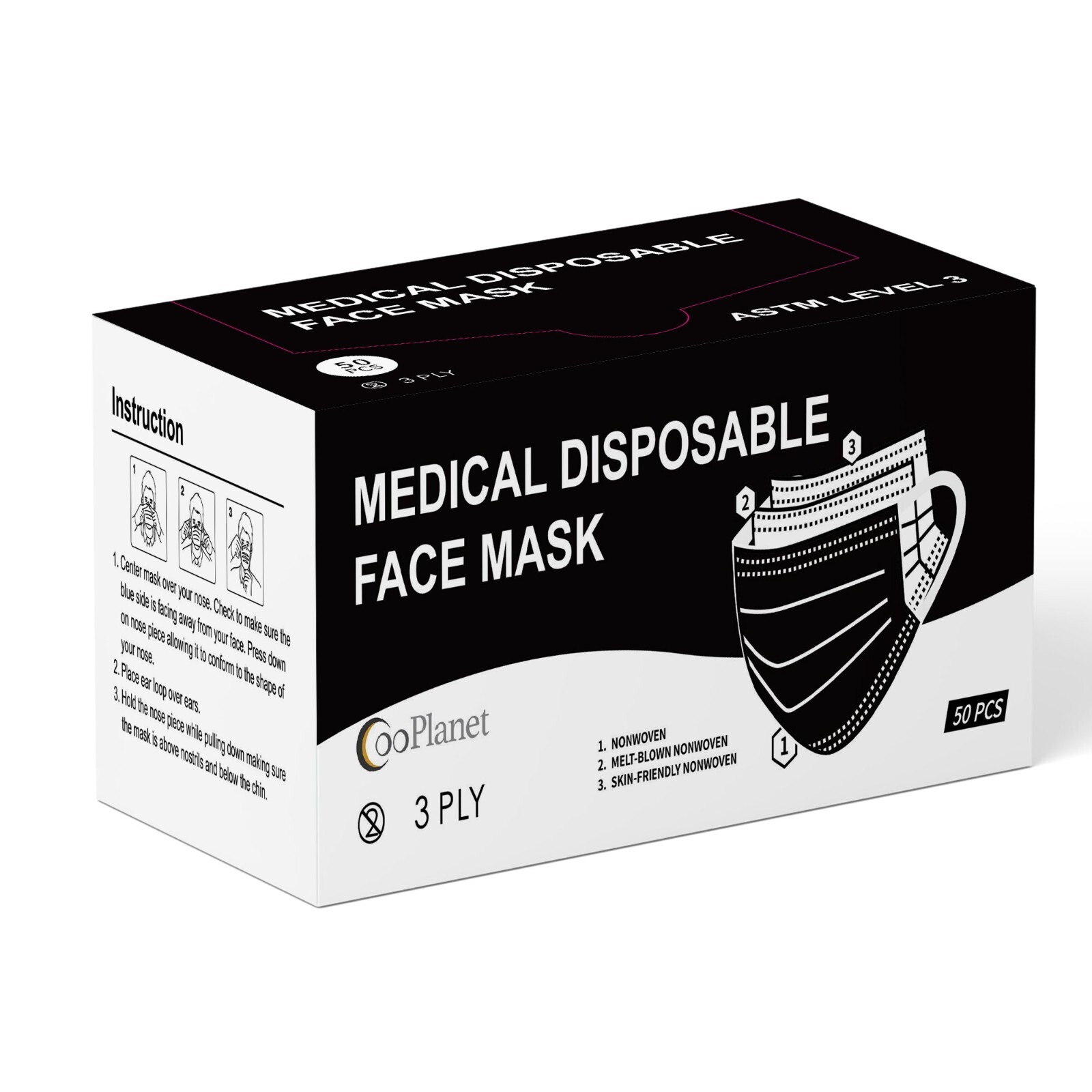 CooPlanet – Black ASTM Level 3, 99% PFE, Medical-Grade, Face Mask (50 Pack)