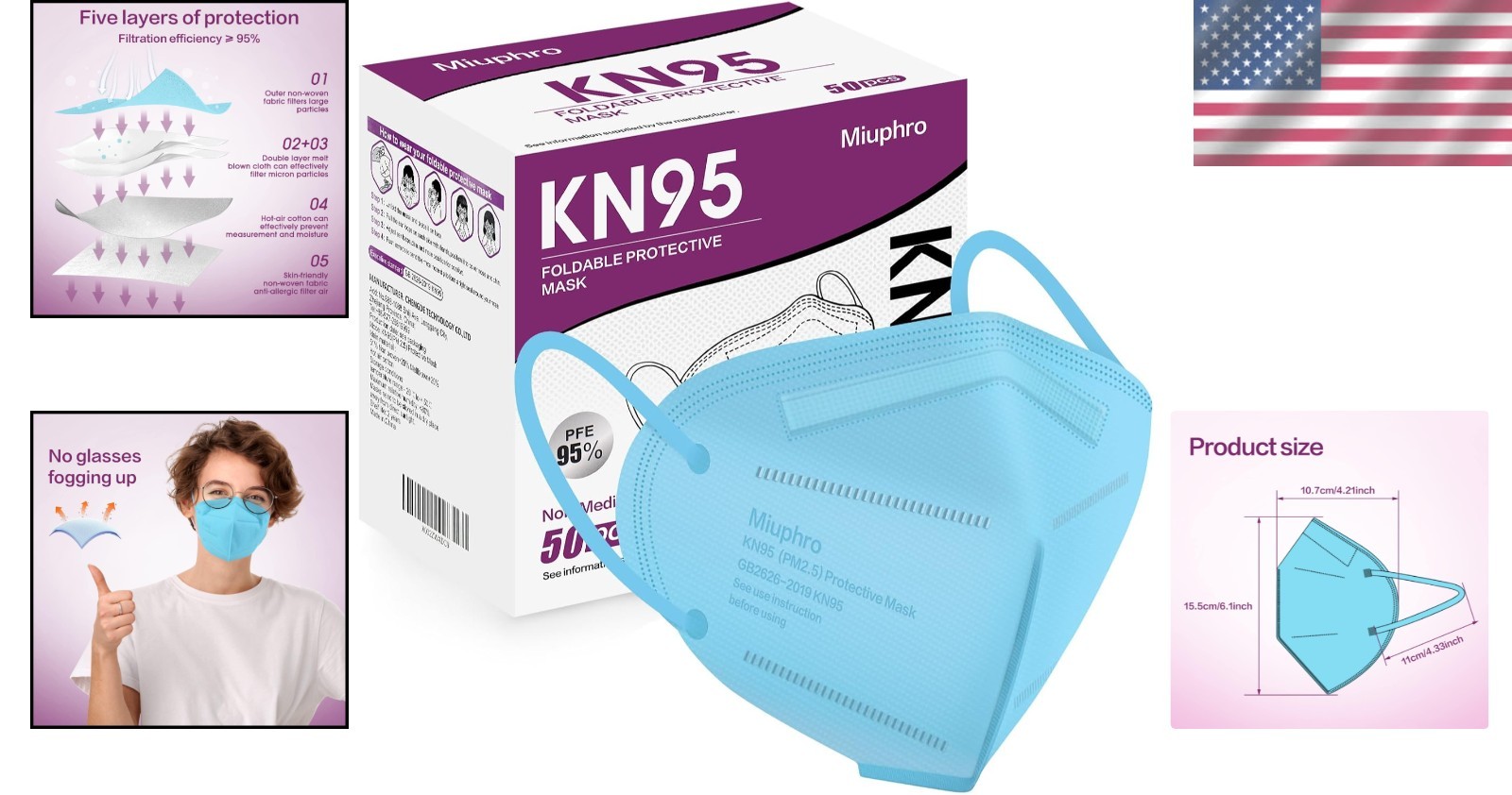 KN95 Protective Masks, 50-Pack, Hook and Loop Closure