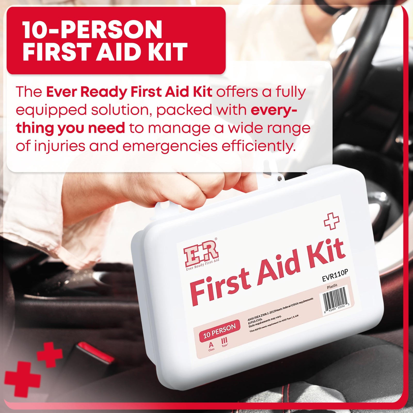 Ever Ready First Aid 10 Person Kit with Plastic Case, Type White