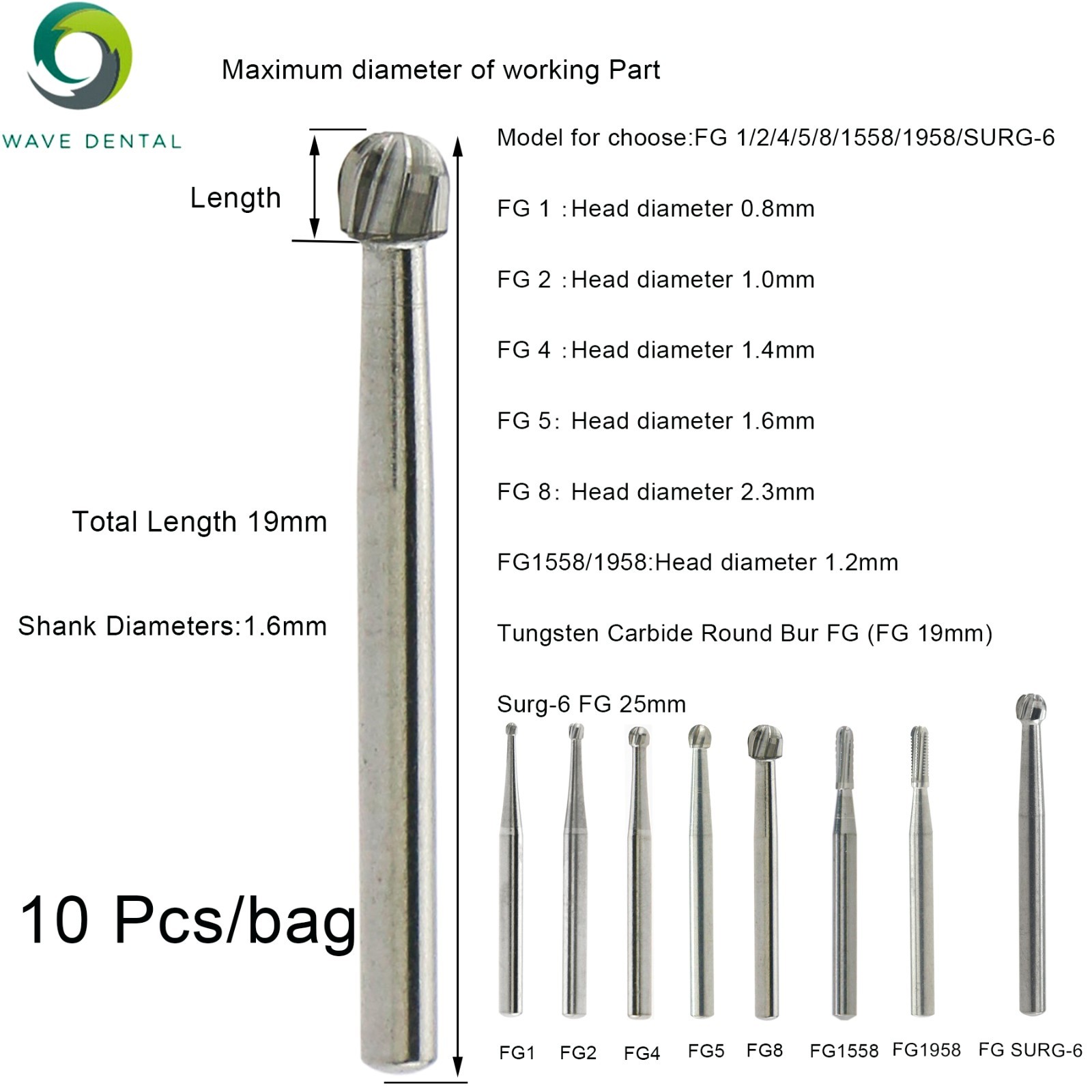 10Pcs US WAVE Dental Bur Round Latch RA/FG 1.6mm/HP Surgical Burs Low/High Speed