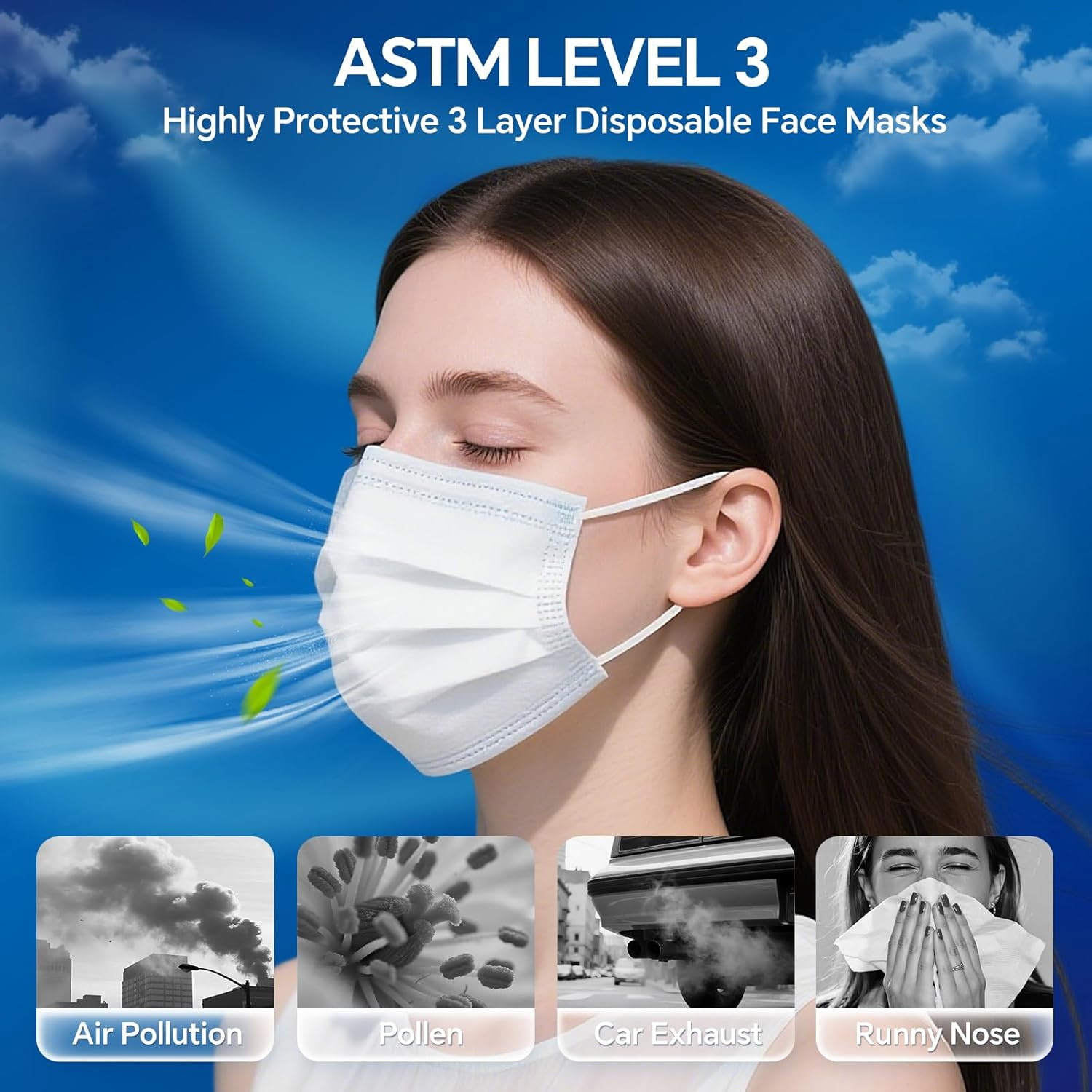 ASTM Level 3 Highly Protective Disposable 3 Ply Face Masks with Individual Packa