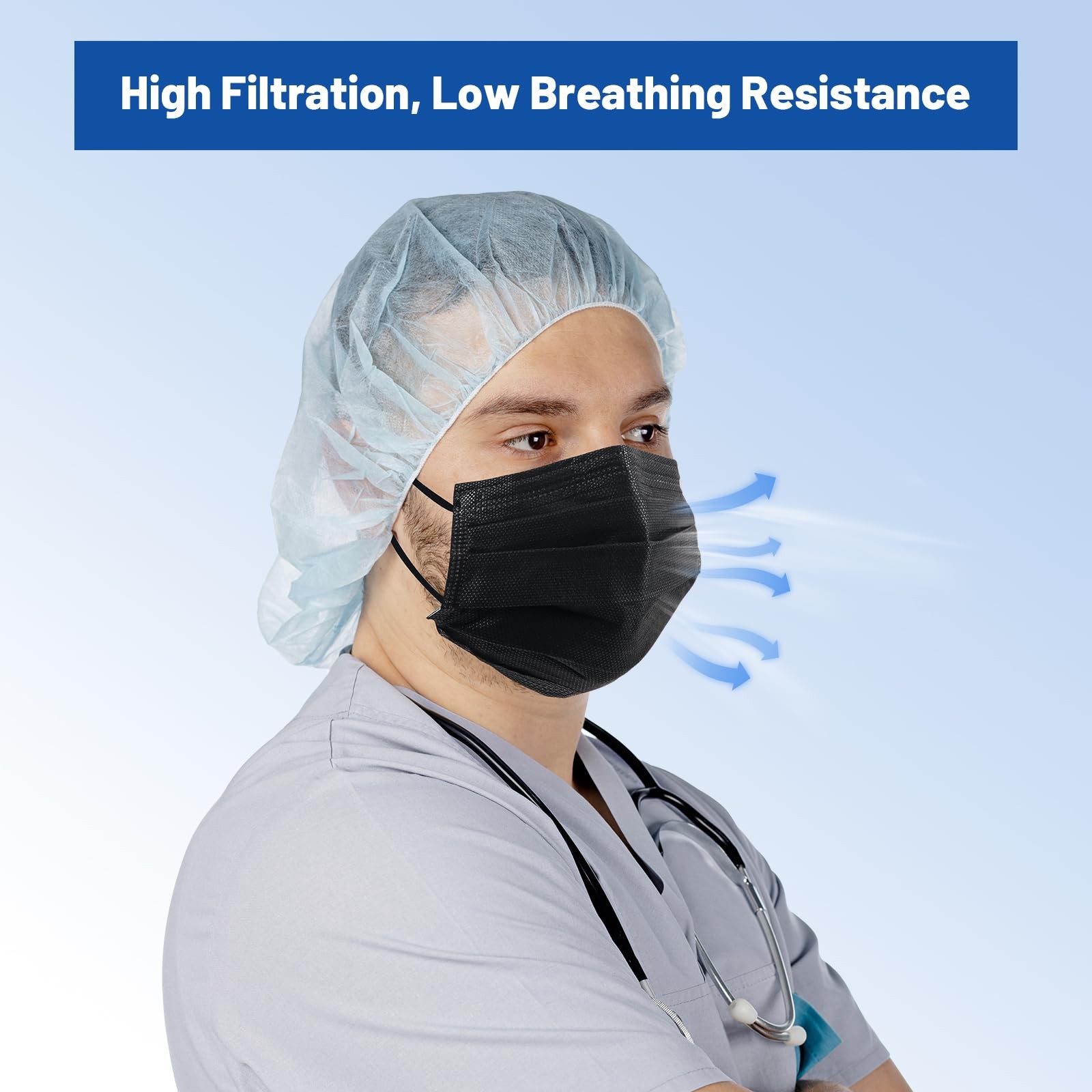 Level 3 Black Disposable Face Mask, 4-Ply Medical Face Masks for Adults, 50 Pack