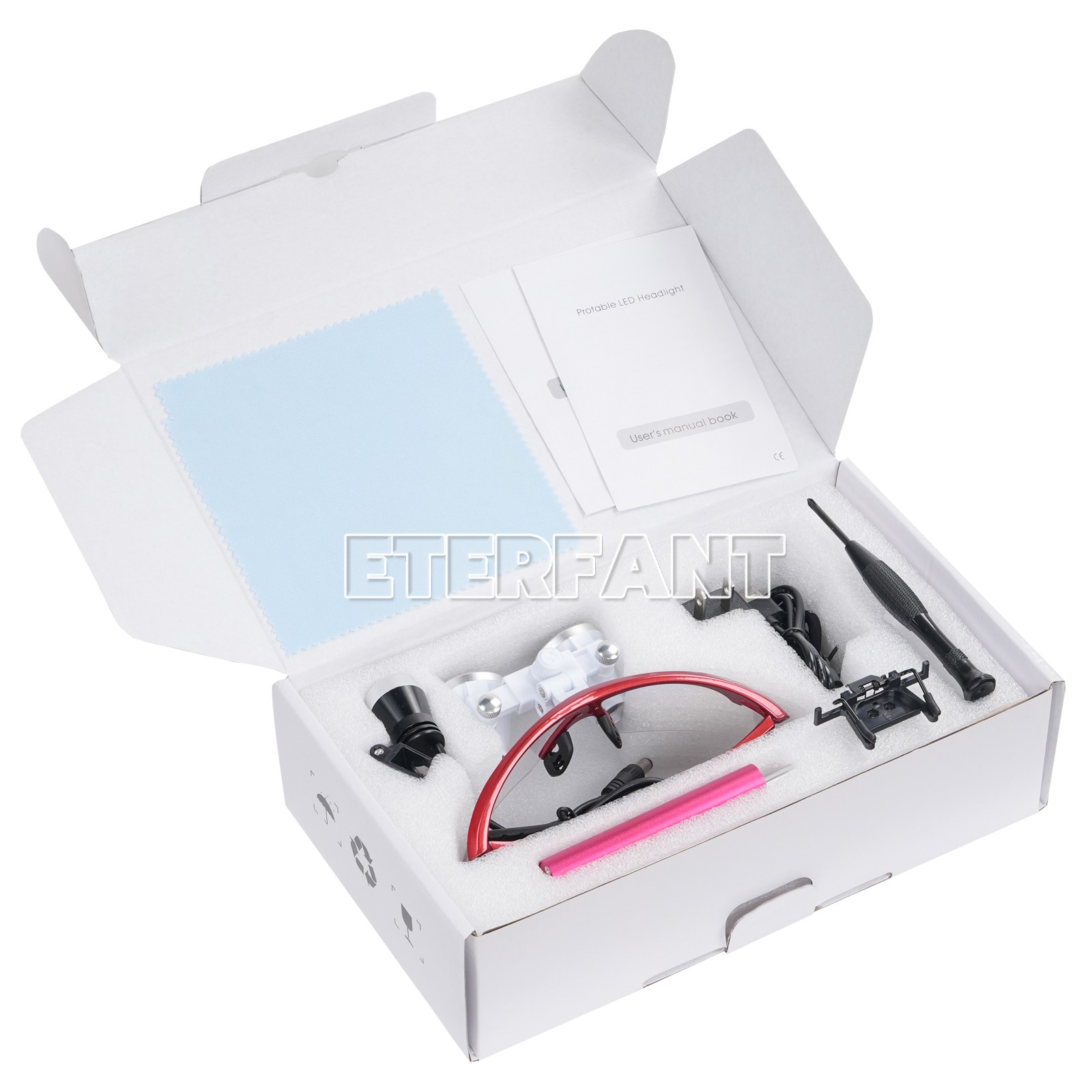 ETERFANT Dental Magnifier Medical Binocular Loupes Red+3W LED Head Light Lamp