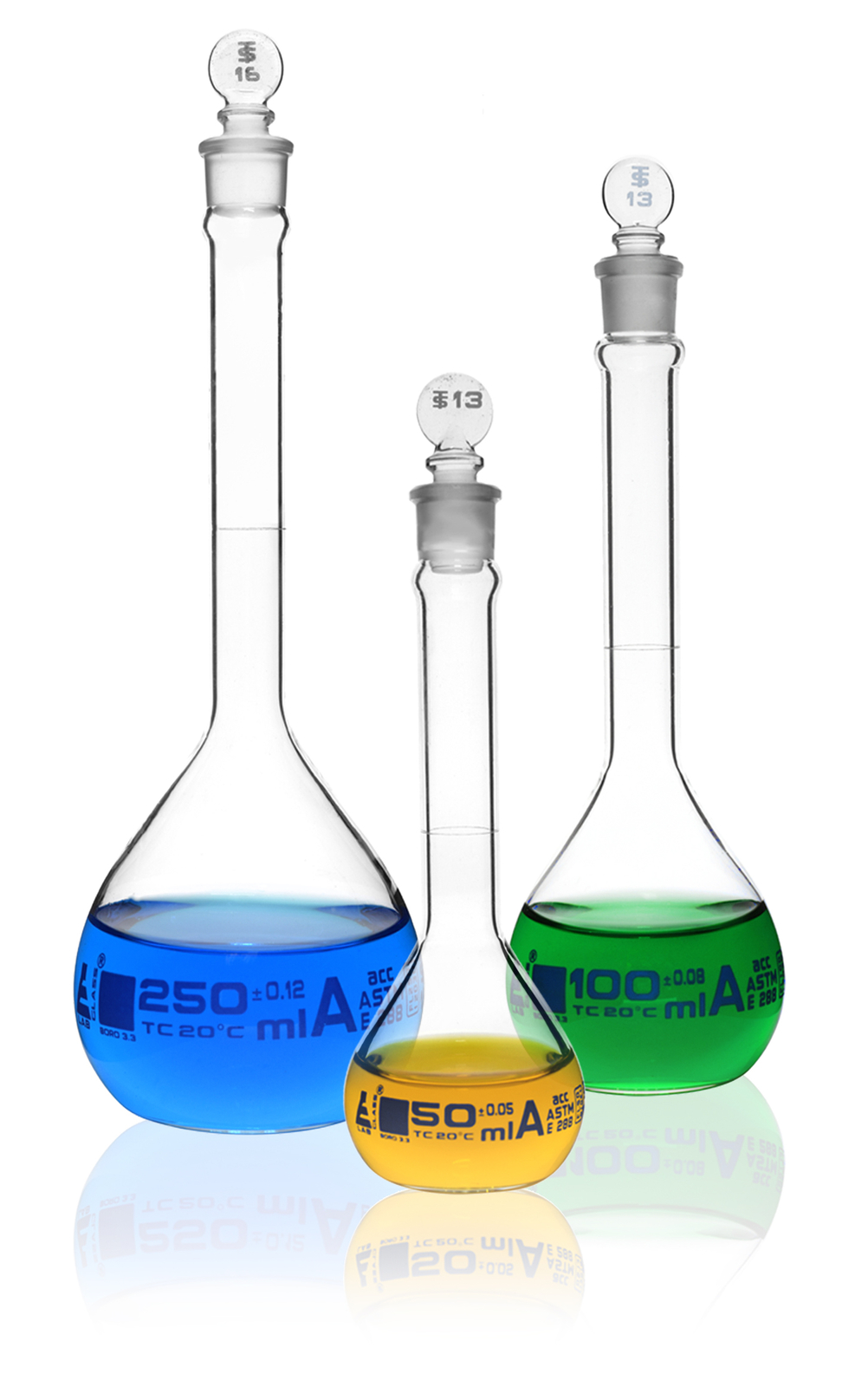 Eisco Labs Volumetric Flask Set – 50, 100, 250ml – Class A, ASTM