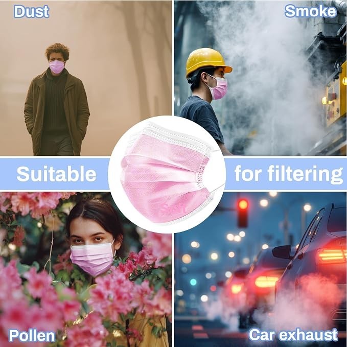 100 PCS Pink Disposable Face Mask – 3 Ply Filter 1 Count (Pack of 1),