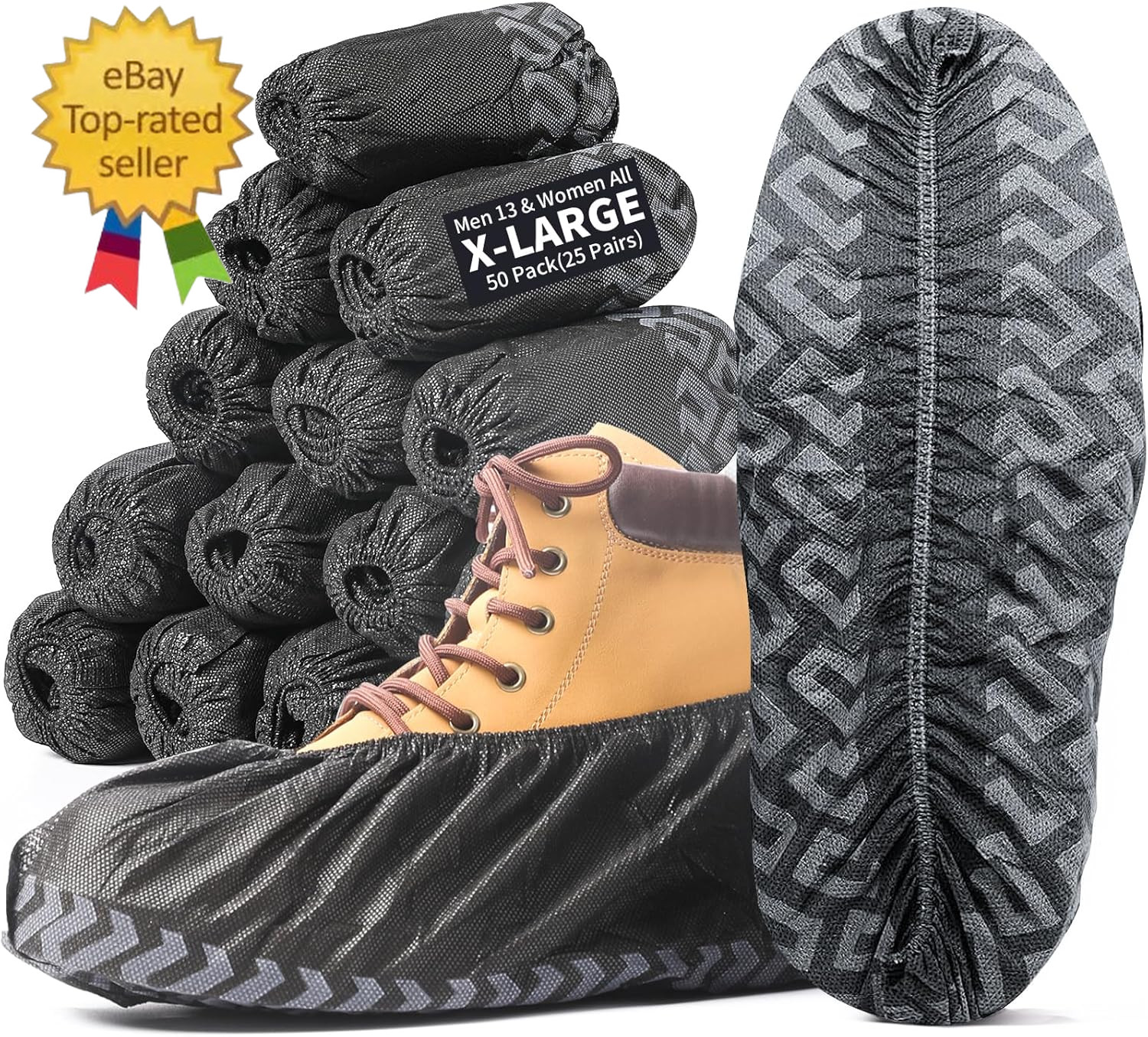 X-Large 50 Pack Shoe Covers Disposable Non-Slip, Black Non-Woven Fabric Boot Cov