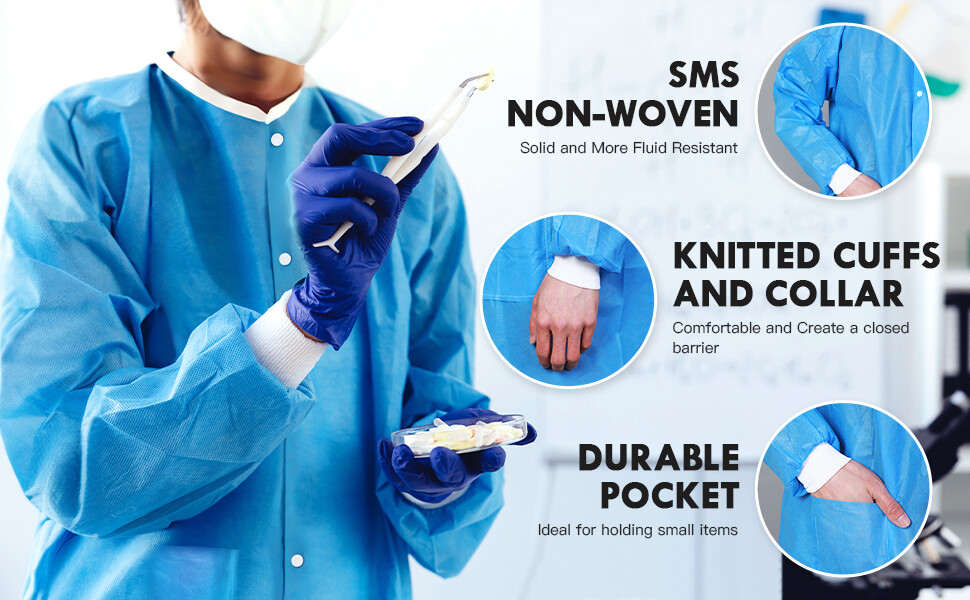 Case of 50 Medical Disposable SMS Lab Coat Gown Blue, 35gsm, With Pockets