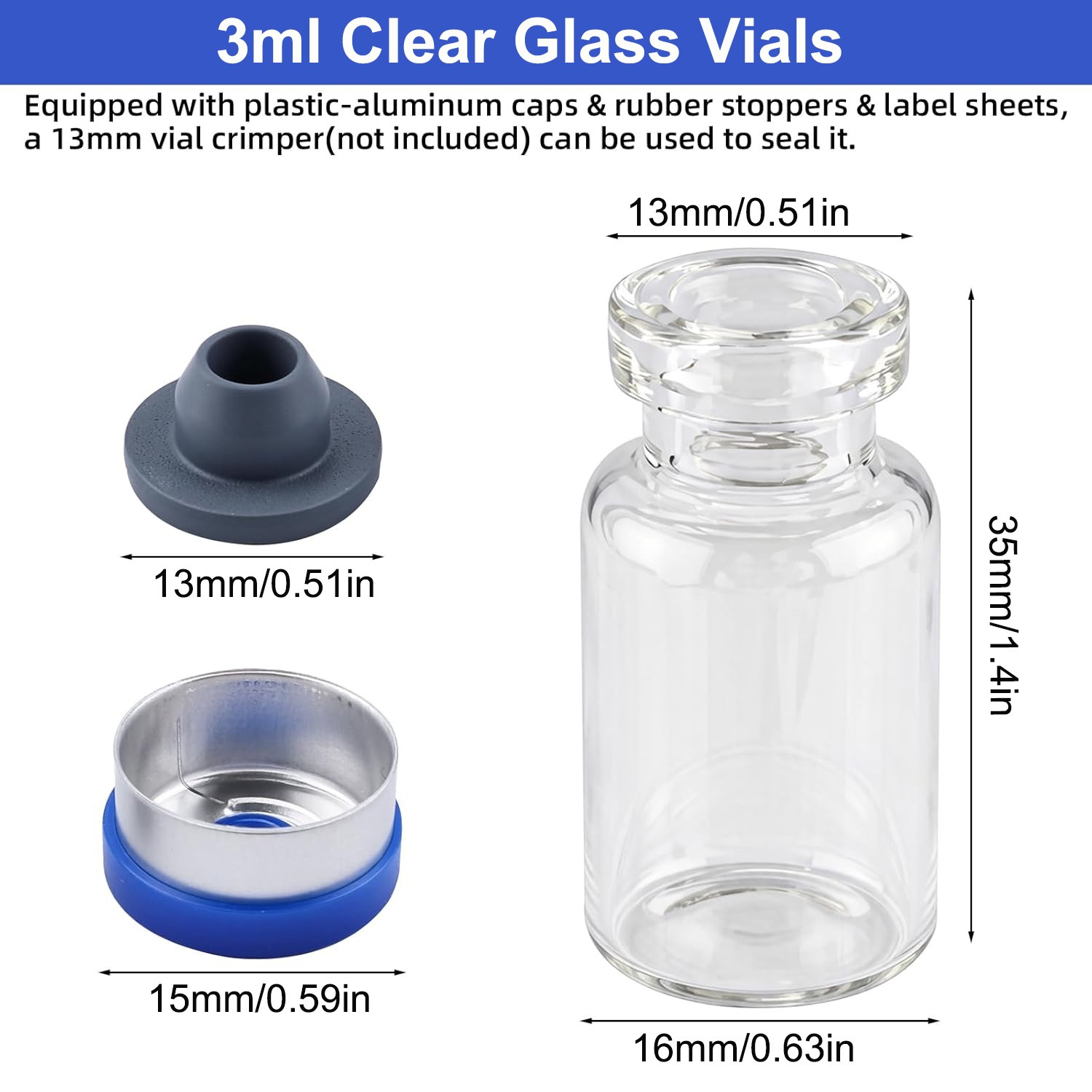 100PCS 2/3ml Glass Vials Headspace Vials Lab Sample Vials with 13mm Caps New