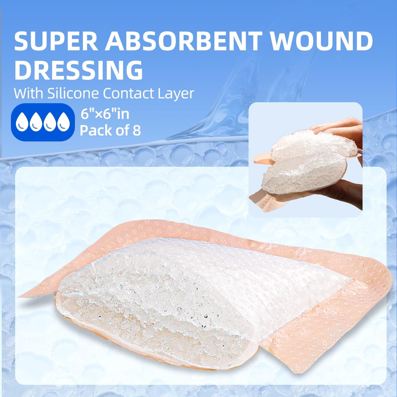 Niceful Super Absorbent Silicone Foam Dressing 6″ x 6″ (8 PCS)- Gentle Border…