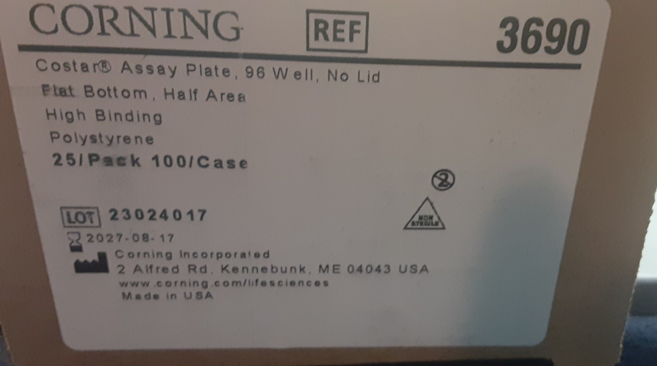CORNING COSTAR 96-Well Clear F-Bottom Half Area PS Assay Plate w/o Lid(25) 3690