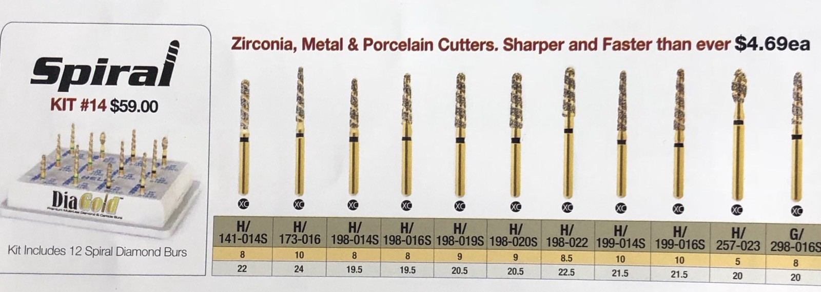 MDT Dental 1 The HELIX Kit#14. 24 Karat Gold FG Diamond Burs & autoclavable
