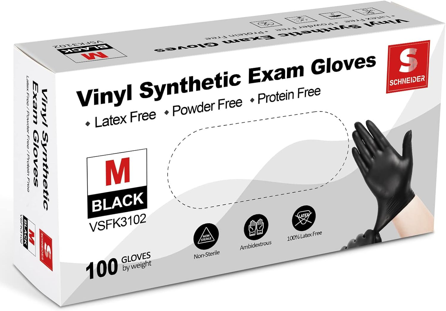 Schneider Black Vinyl Exam Gloves 4 mil Latex & Powder Free 100-Count Box