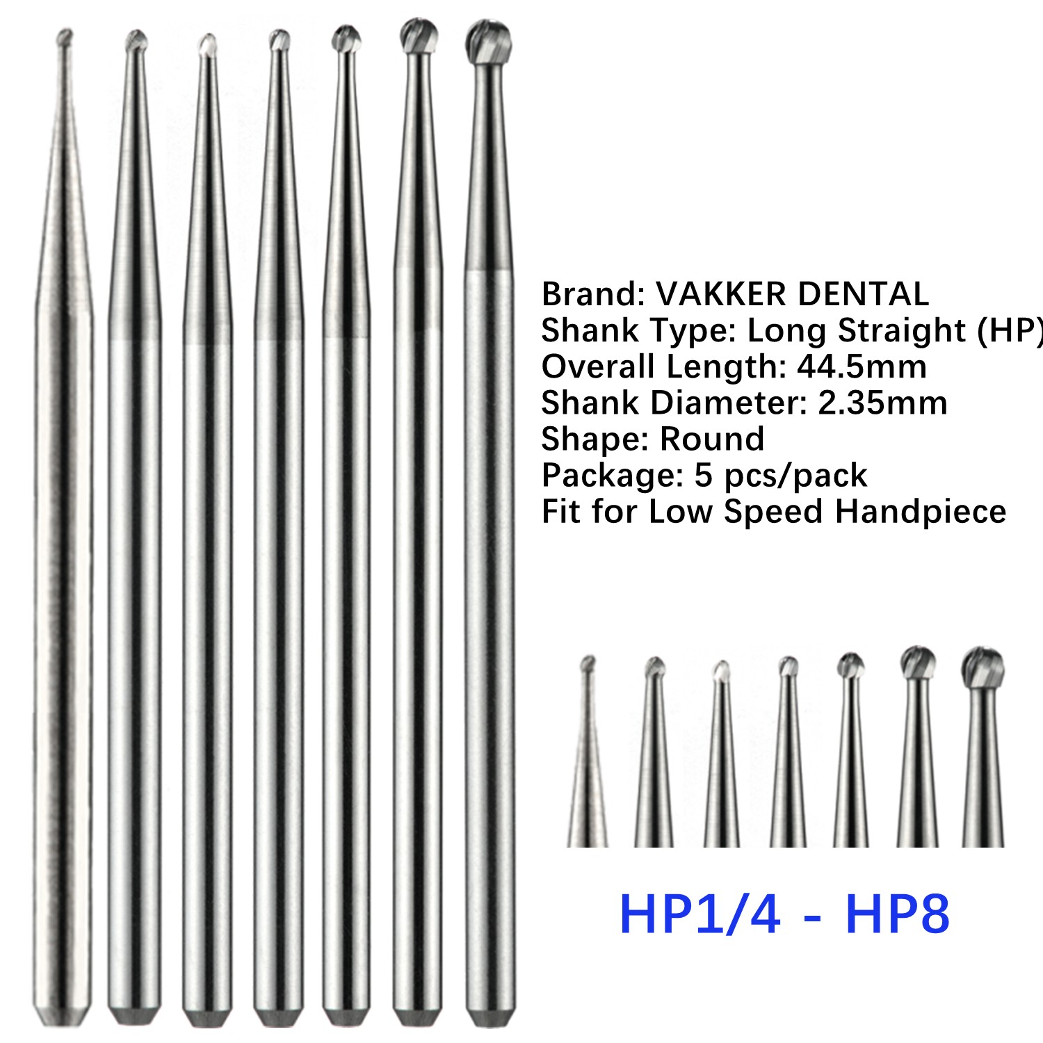 5/pk Vakker Dental HP Carbide Burs 44.5mm Round Burs Low Speed HP 2 4 6 8