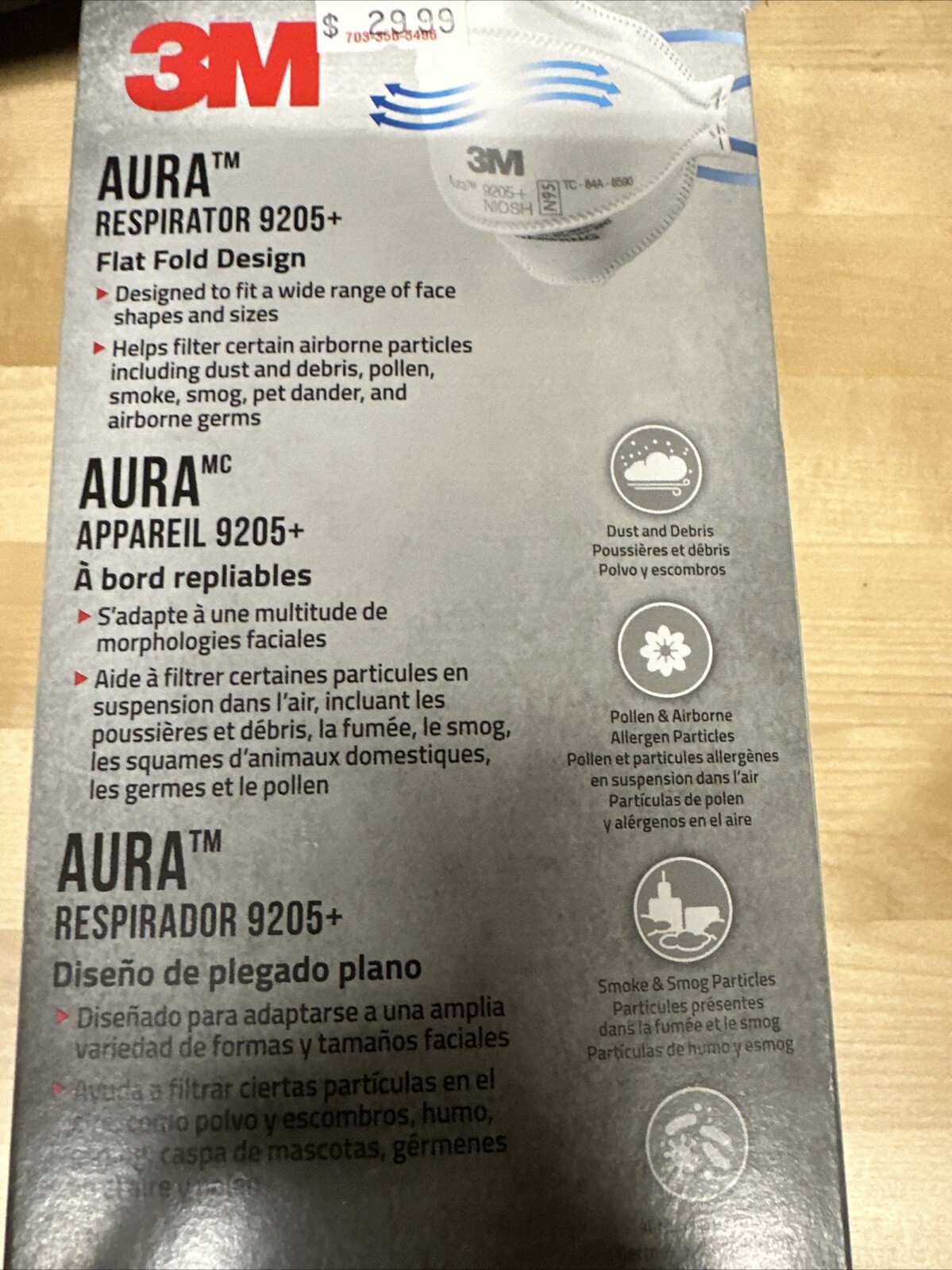 3M Aura 9205+N95 NIOSH Approved Particulate Respirator Disposable Pack of 9
