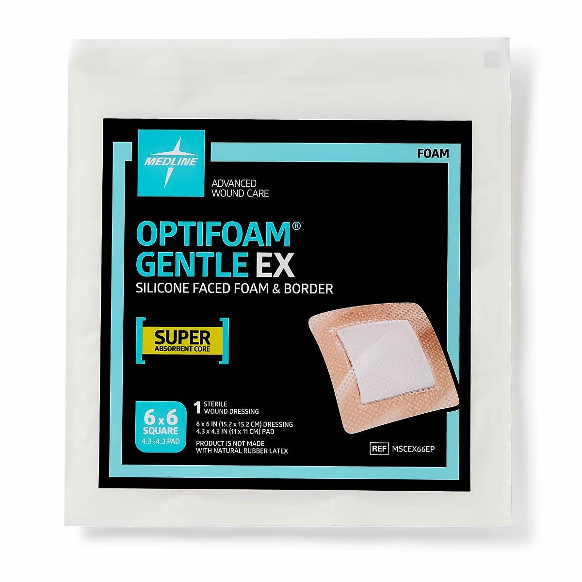 Medline Optifoam Gentle EX Bordered Foam Adhesive Dressing, 6″ x 6″ Square 10/BX