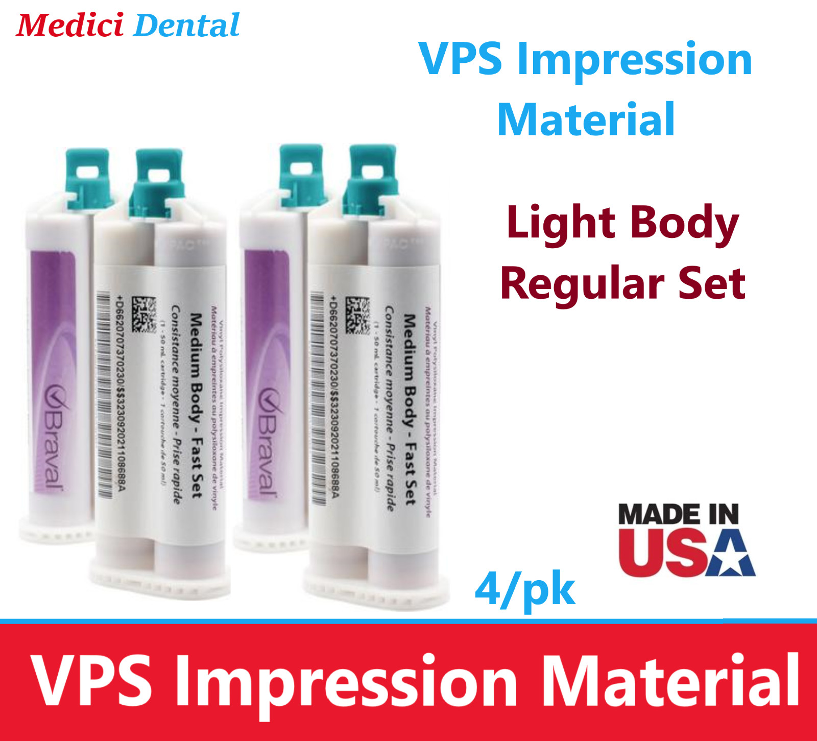 Dental Impression Material, VPS LIGHT BODY REGULAR Set, 4 x 50ml, USA Ex:2026