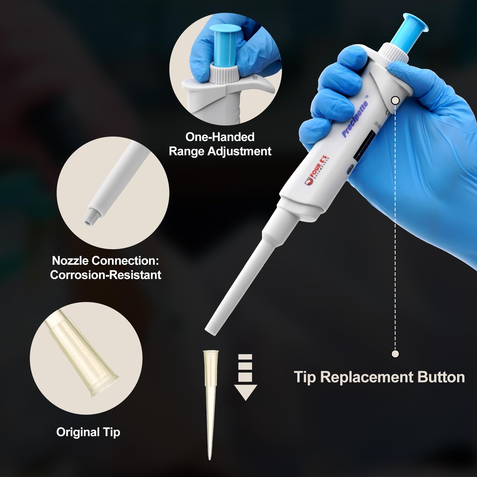 Lab 20-200µL Pipette: Single-Channel Adjustable Micropipette with Color-Coded (B