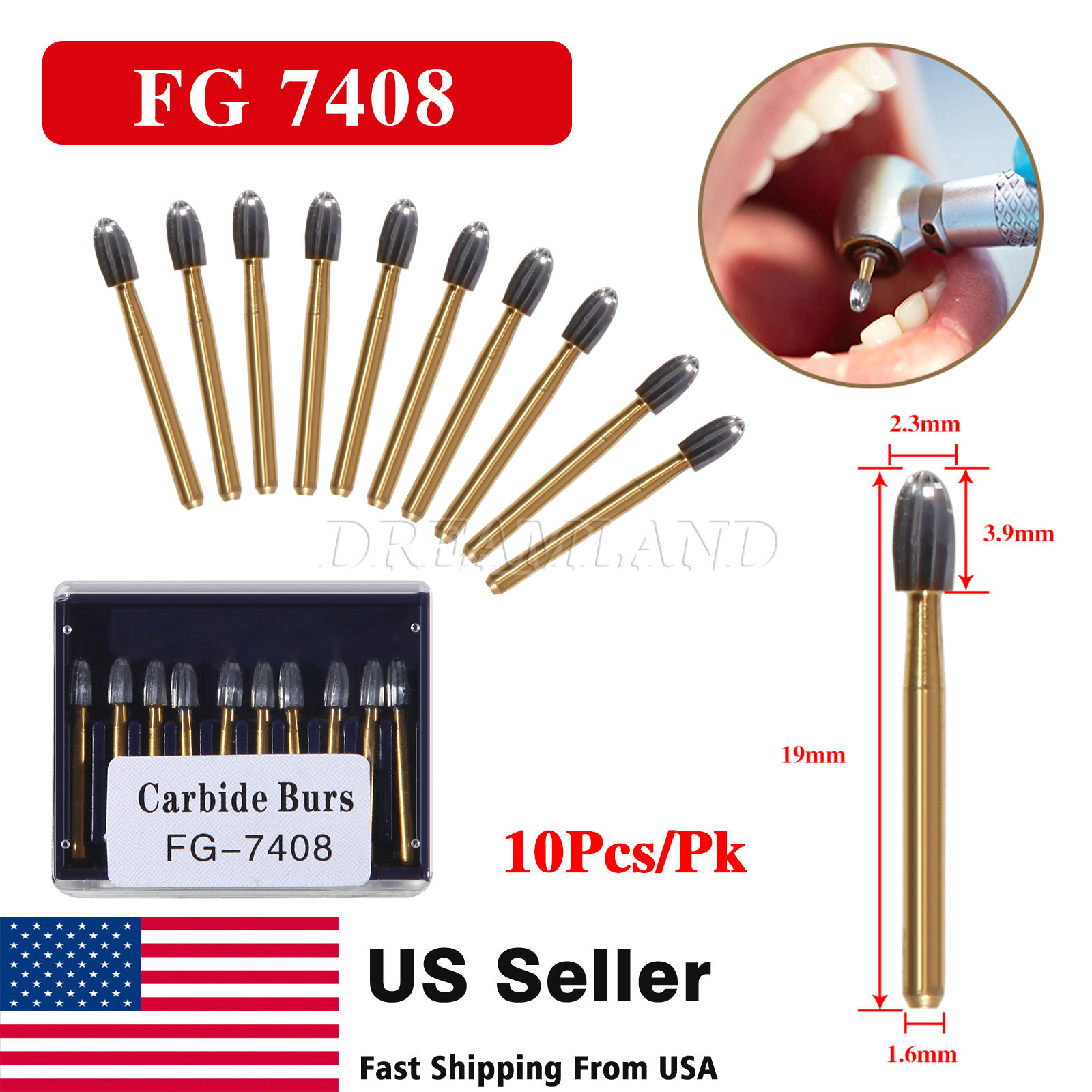 10Pcs Dental Tungsten Carbide Burs Trimming & Finishing Egg Football Bur FG 7408