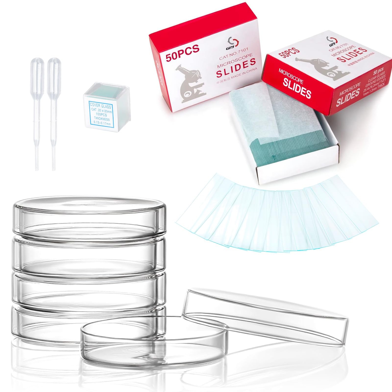 Sterile Plastic Petri Dishes Set, 50 Pcs Blank Microscope Slides, 100 Pcs 20x…