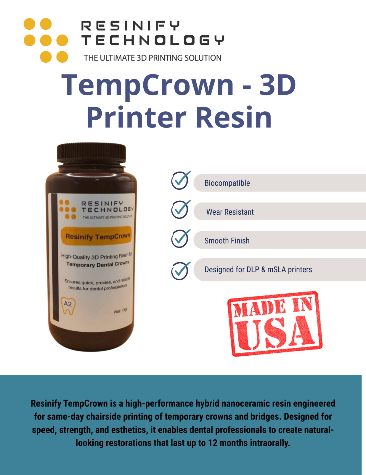 TempCrown Temporary Dental Resin – Hybrid Nanoceramic | 3D Print Crowns & Bridge