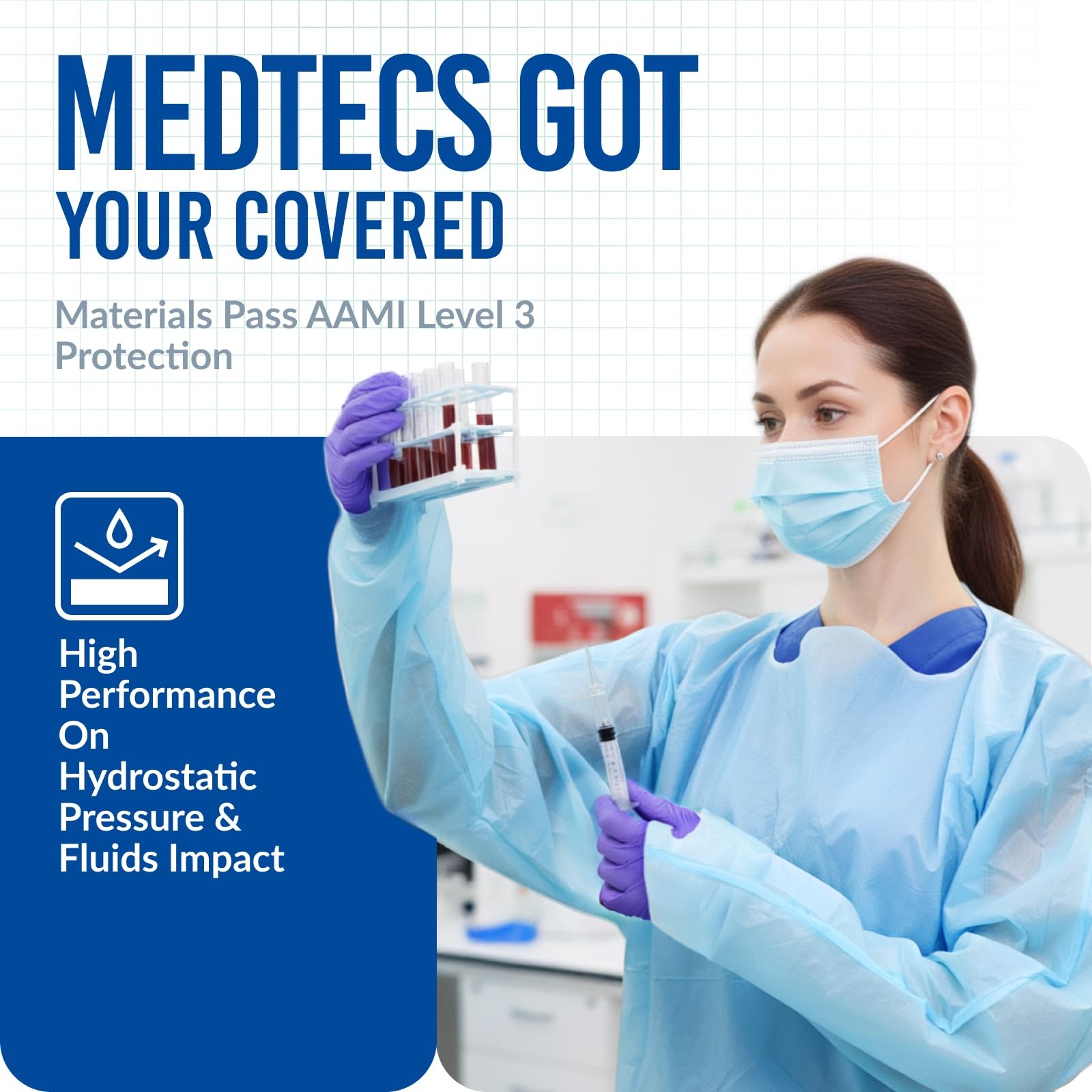 Medtecs Disposable Isolation Gowns – AAMI Level 3 Polyethylene Open-Back – 10/10
