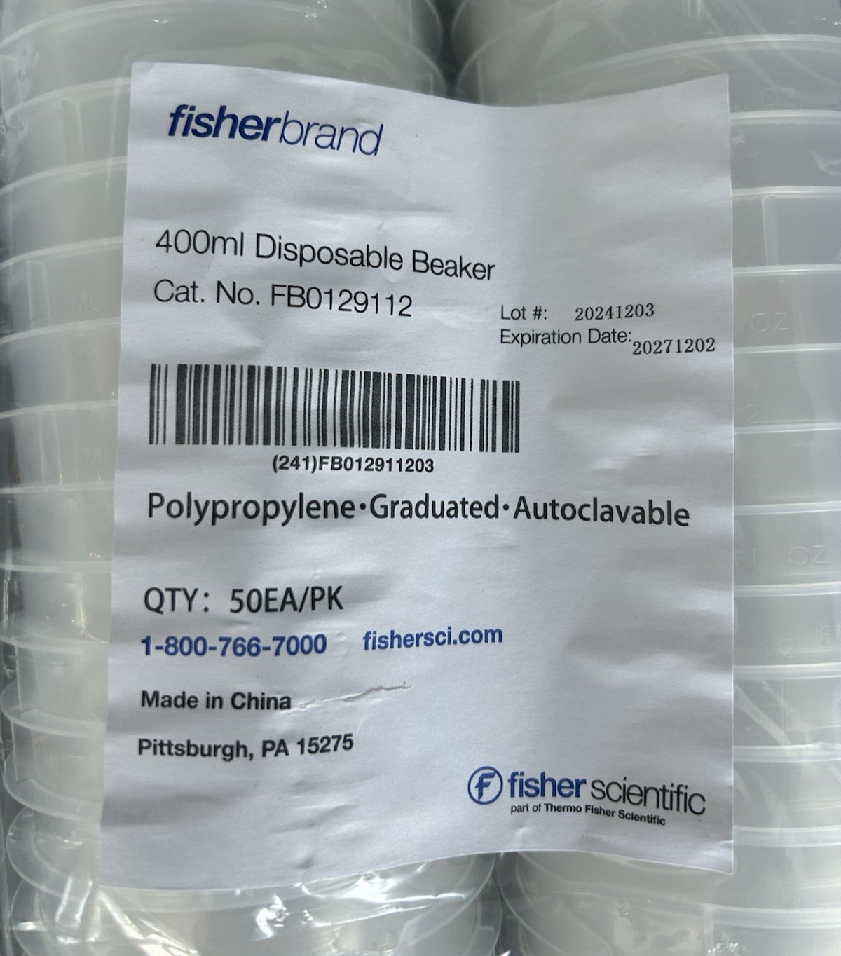 Fisherbrand™ 400mL Polypropylene Disposable Beakers – Sleeve 50ea/pk – Sealed