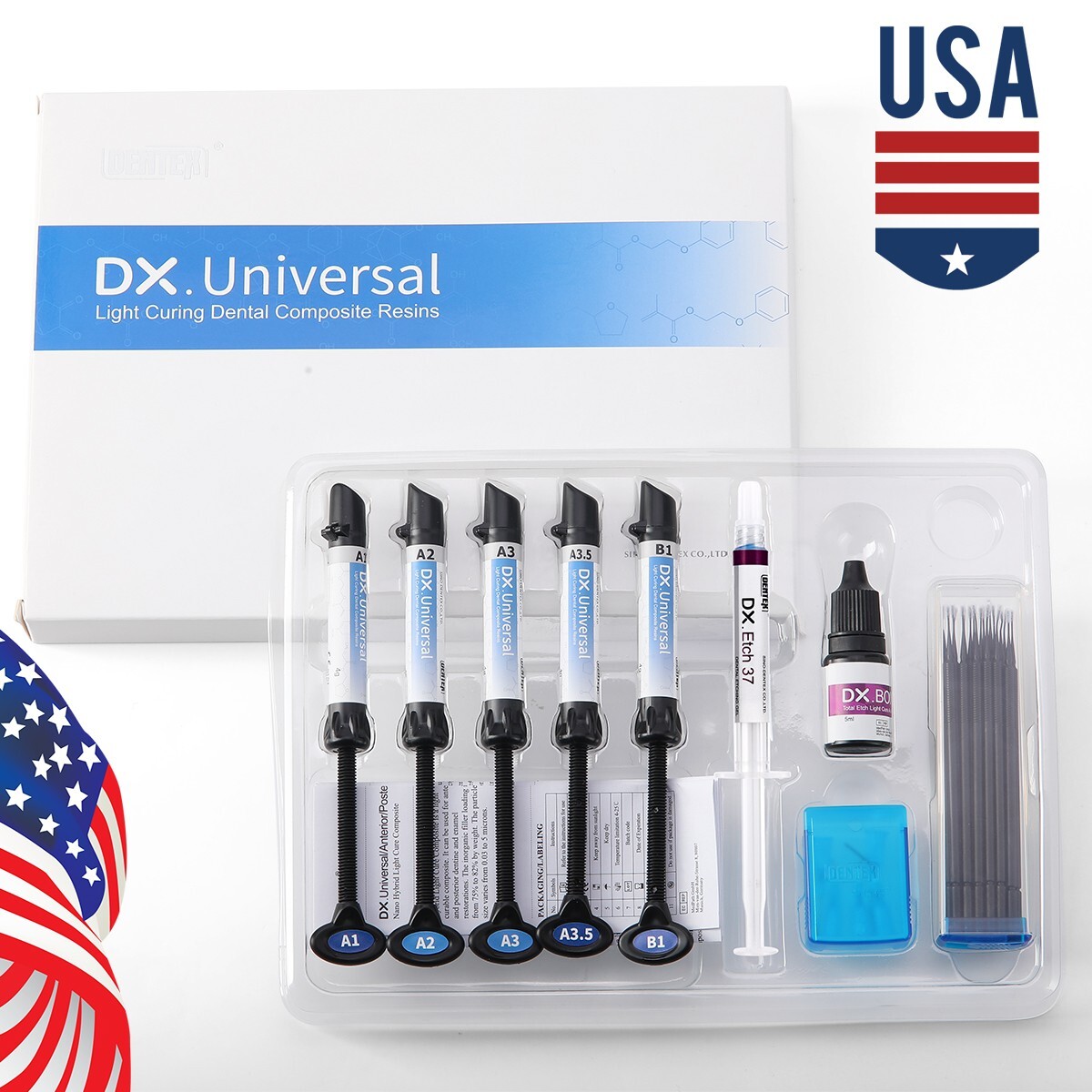 Dental Light Cure Composite Syringe Resin+Etching Gel+Etching Adhesive kit