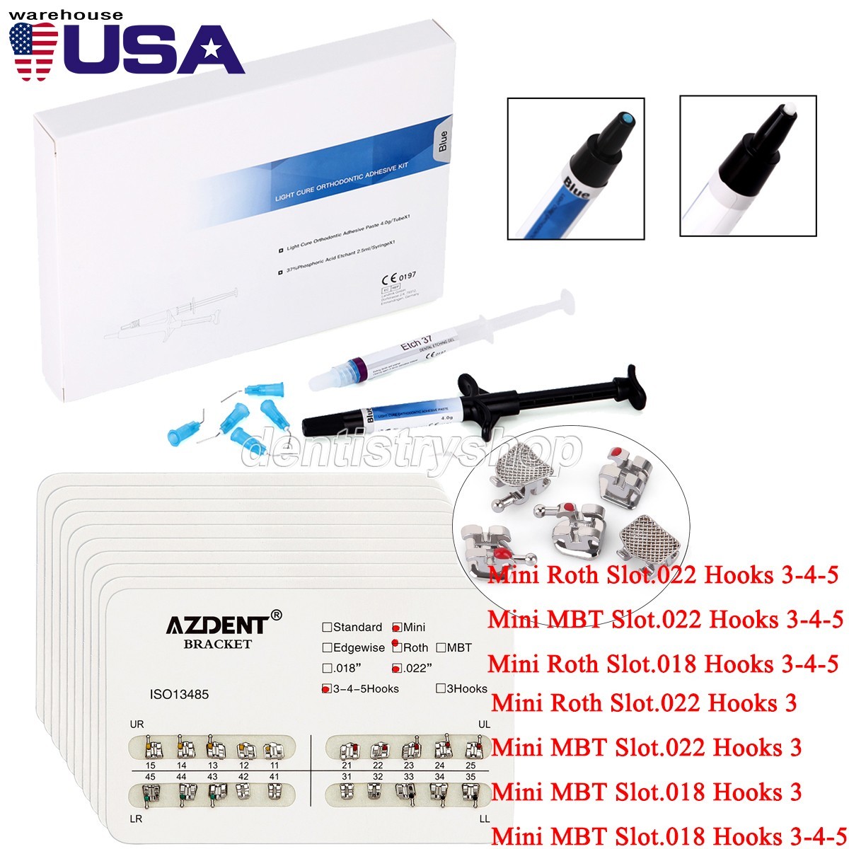 Dental Orthodontic Brackets Braces Mini Roth MBT/Light Cure Adhesive Resin Kit