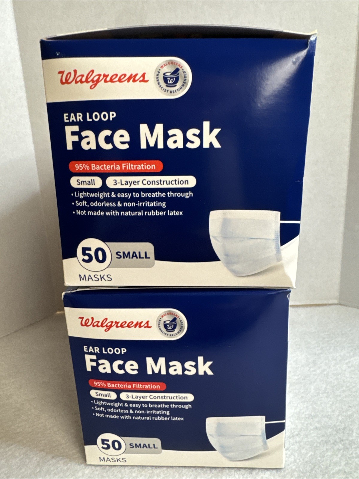 (2) Walgreens Ear Loop Face Mask Box 50 Count (100 Total) 3 Layer Adult Sz