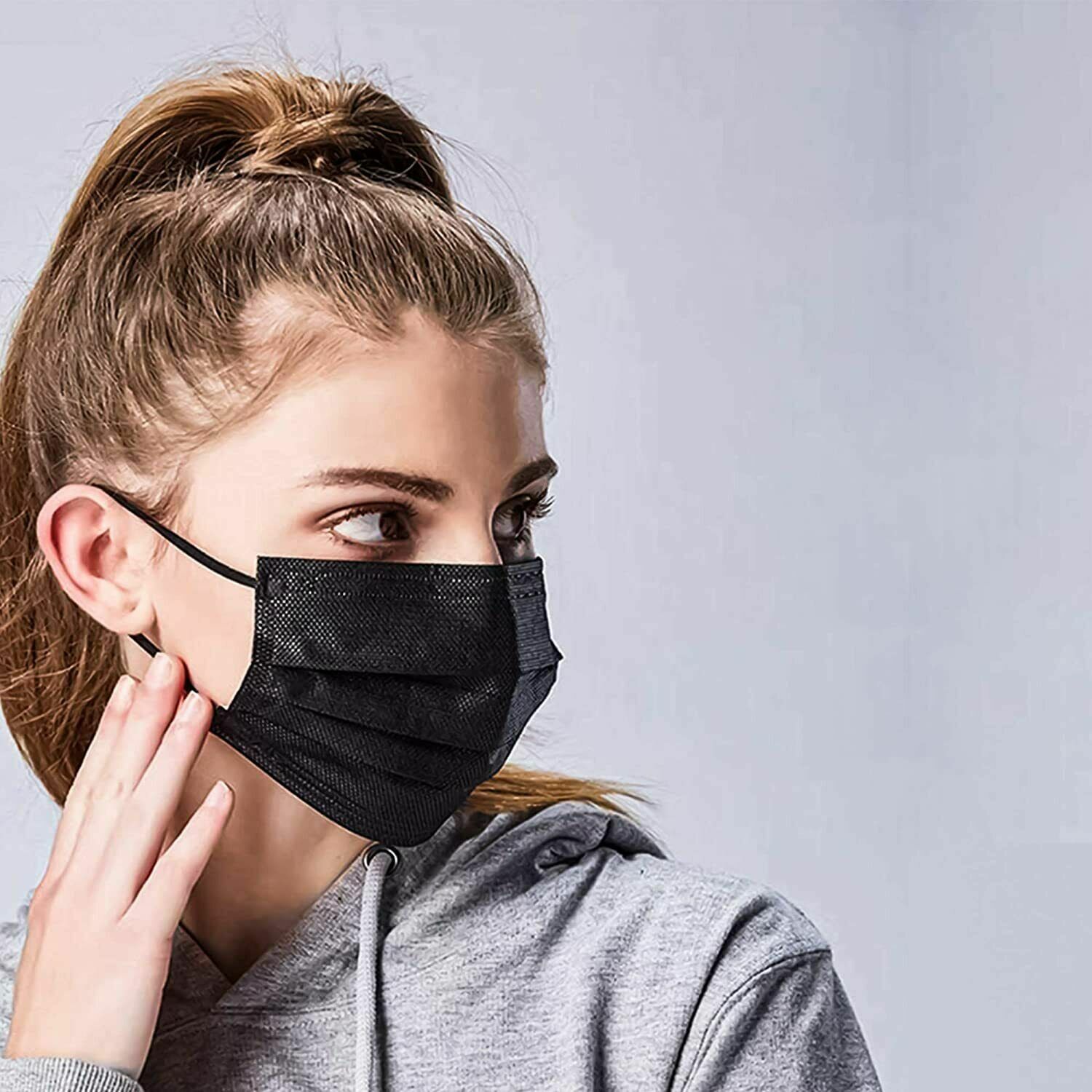100PCS Black 3-Ply Disposable Face Mask Non Medical Surgical Earloop Mouth Cover
