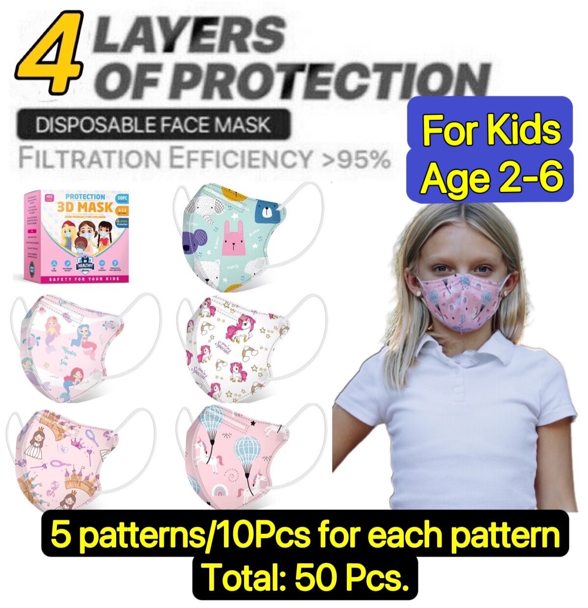 50 Pcs Protective 4 Layer Cartoon Face Mask BFE 95% Disposable 3D Masks For Kids