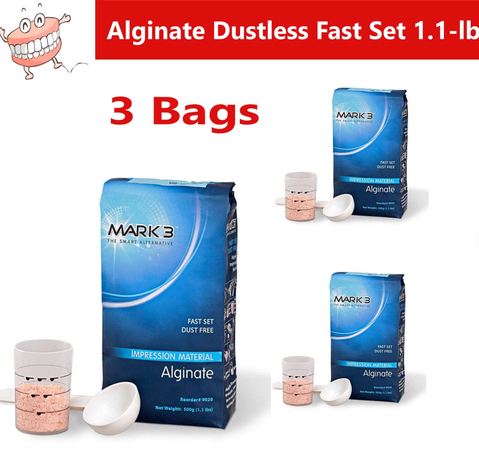 Dental Alginate Impression Material Dustless Fast Set, 3 Bags (1.1lb per Bag)