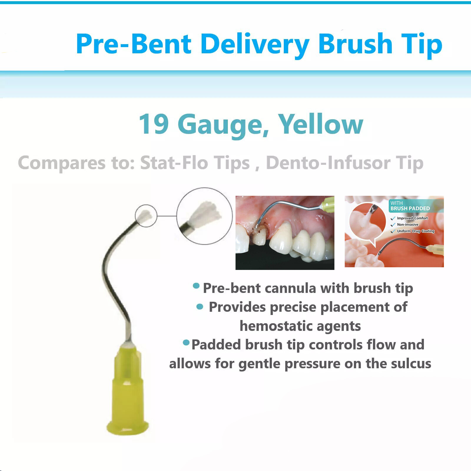 100 Pcs Dental Delivery Pre bent Tips with Brush Padded End 19G Yellow USA