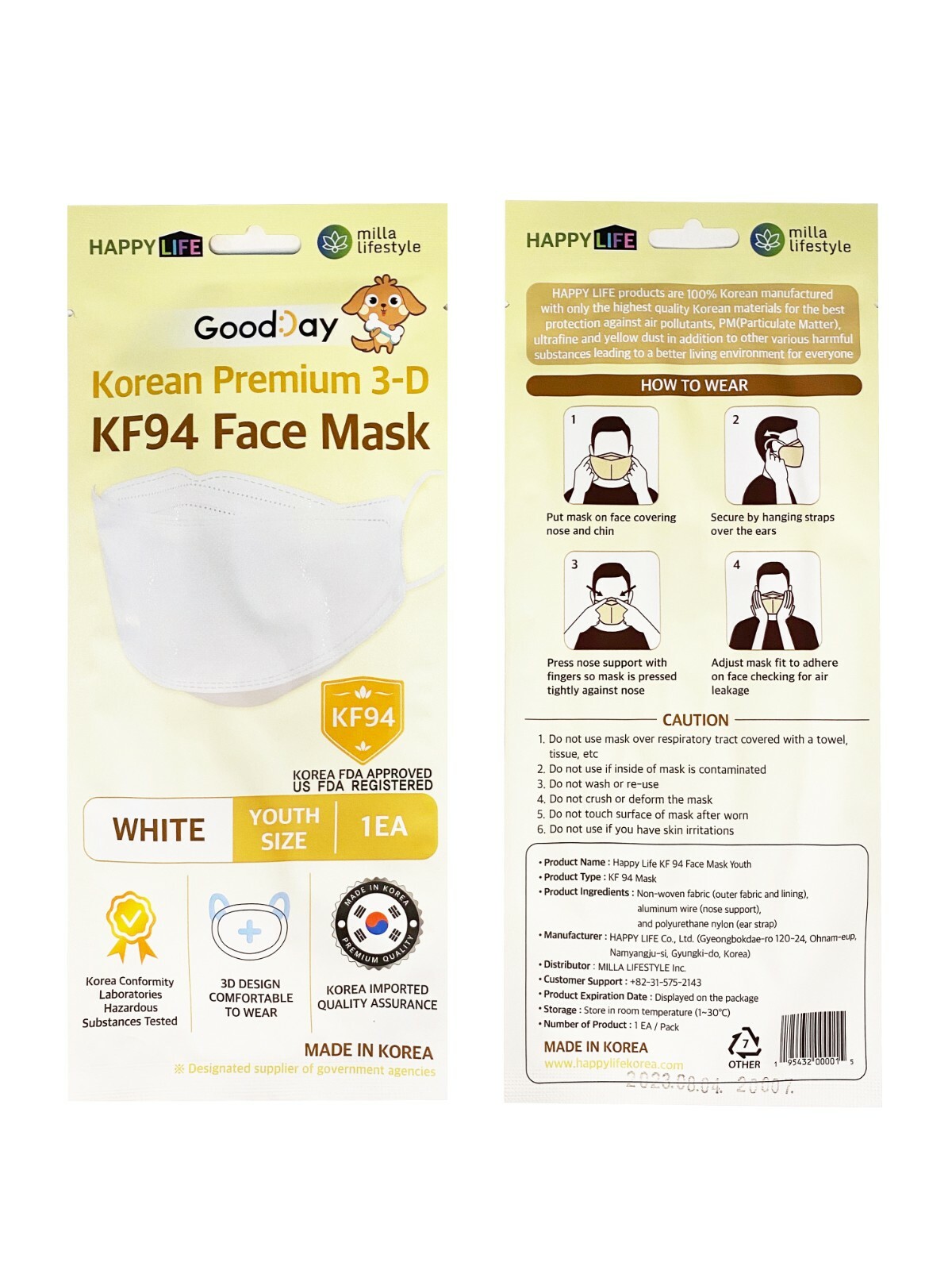 20 Pack KF94 WHITE Protective Safety Face Mask Kids Children Small Made in Korea