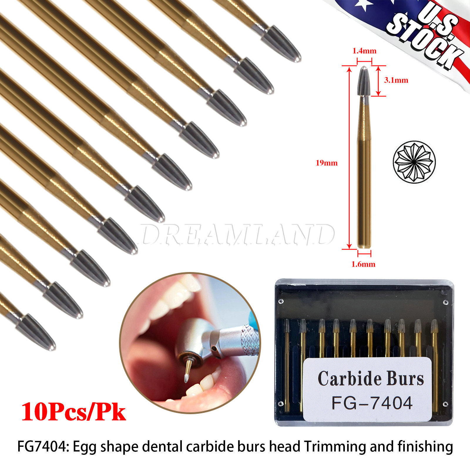 10 Pcs FG 7404 Dental Trimming & Finishing Carbide Burs For High Speed Handpiece