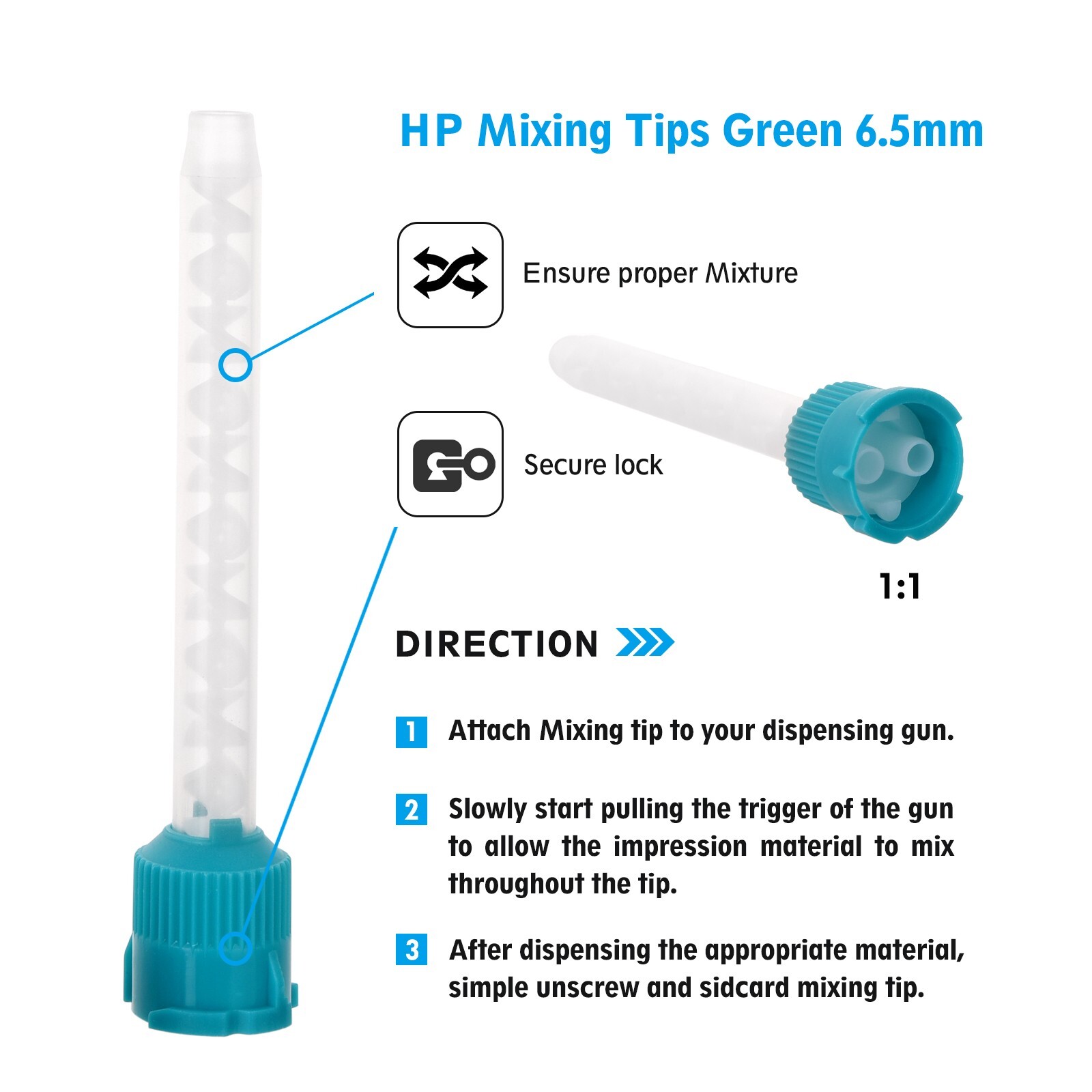 500(10 Bags) Dental Mixing Tips Impression HP Tips Teal 6.5mm(1:1)