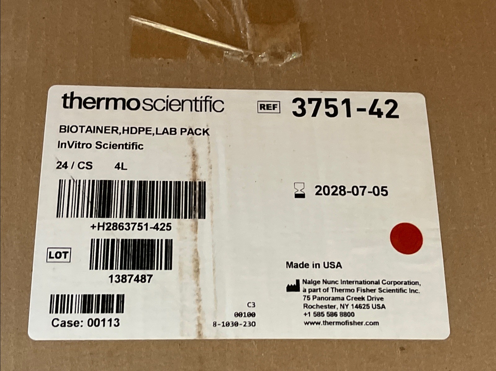 Thermo Scientific Biotainer HDPE Lab Pack 24/CS 4L 3751-42 Sealed