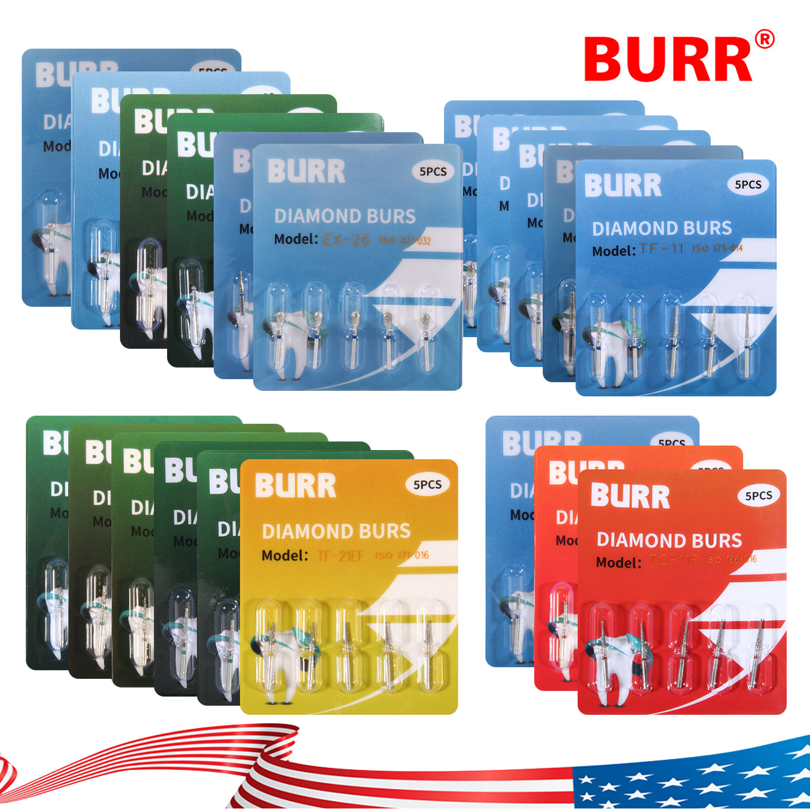 US 100pcs Dental Diamond Burs Kit for High Speed Handpiece Medium FG 1.6MM