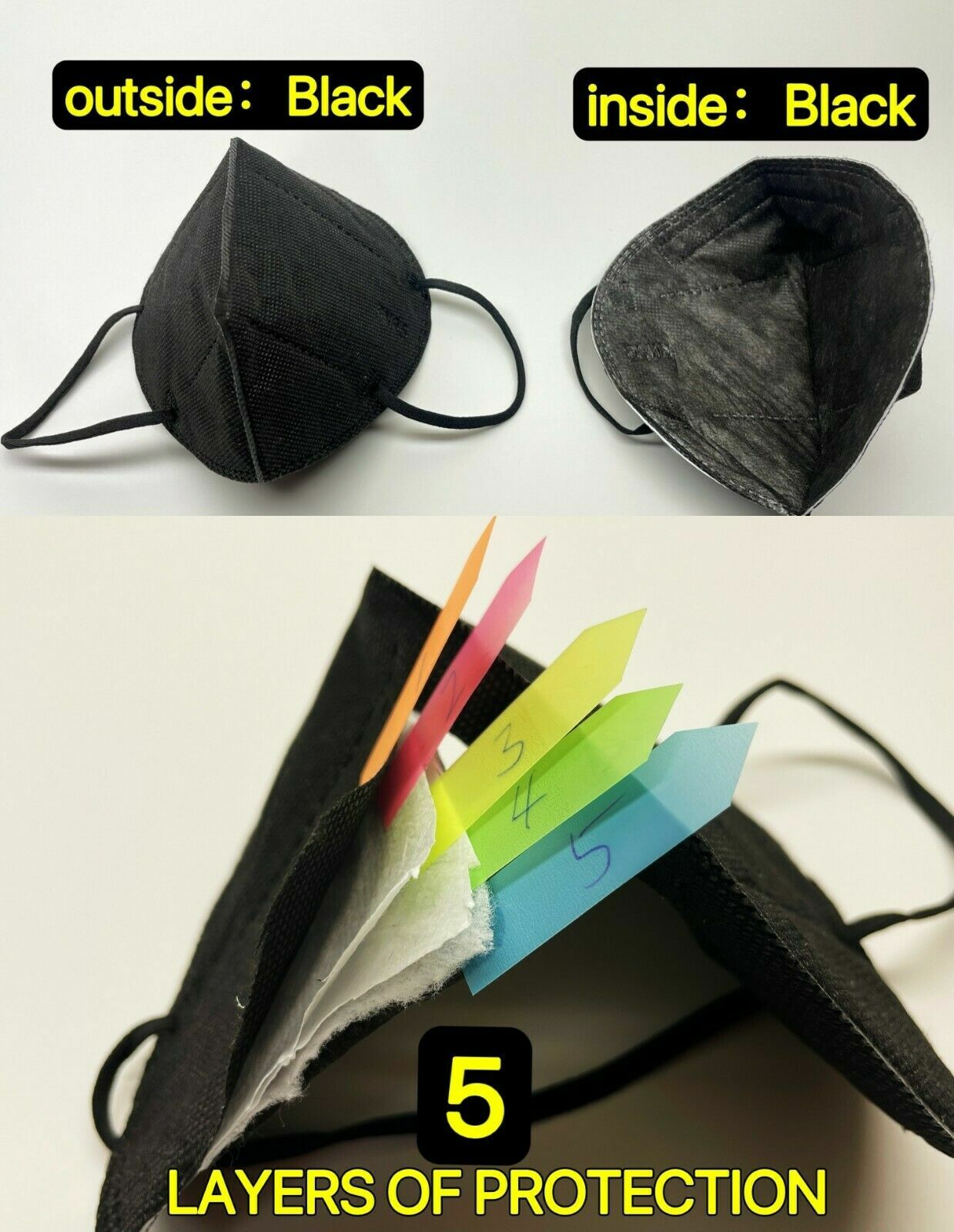 10/50 Pcs Black KN95 Protective 5 Layer Kids Face Mask BFE 95% Disposable Masks