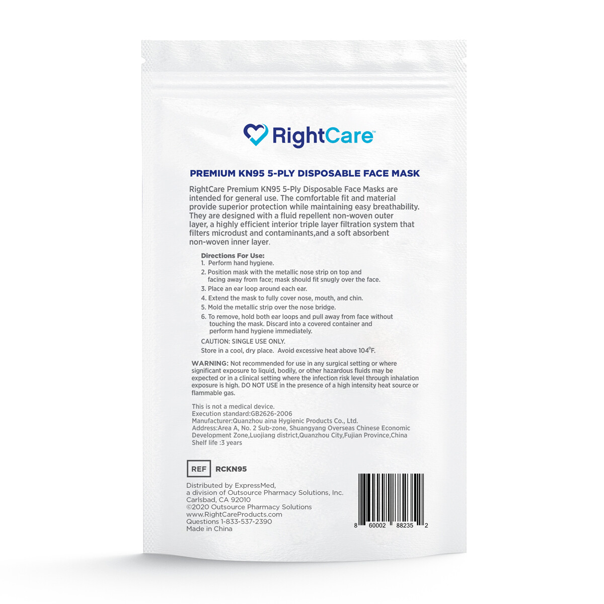 RightCare KN95 Protective Face Mask (Non-Medical), 5-Ply, 99% PFE, Case of 1000