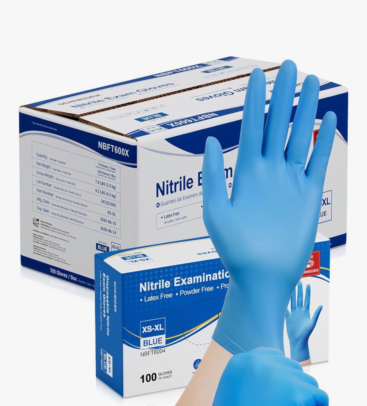 Schneider Nitrile Exam Gloves, Blue, 4 Mil, Powder-Free, Latex-Free Size Medium